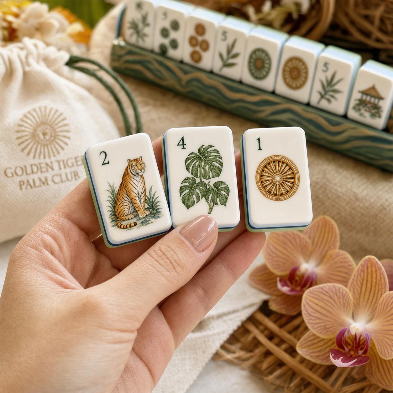 Tropical Zen botanical American Mahjong tiles with palm fronds and lotus artwork