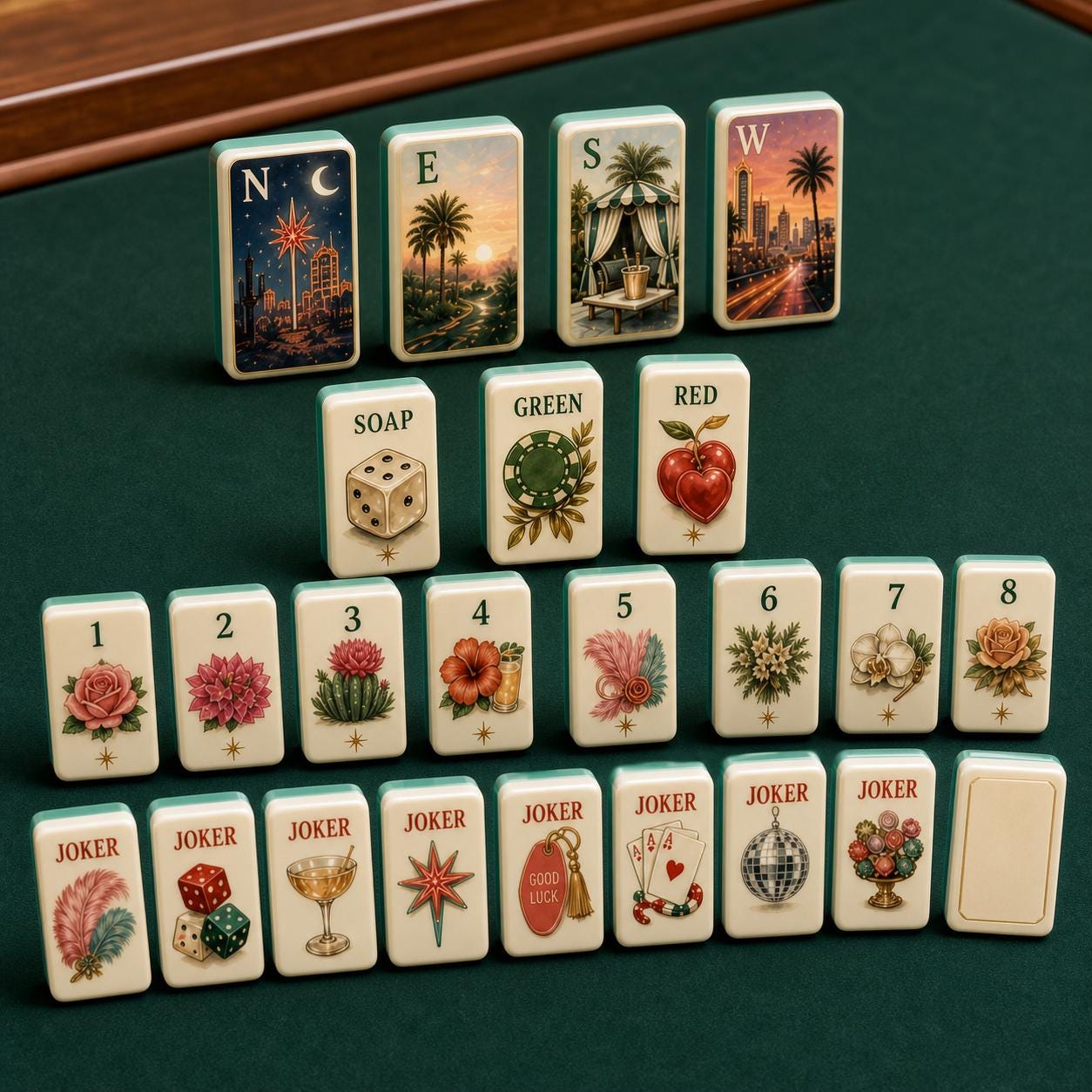 Retro Las Vegas Night American Mahjong Tiles with dice casino chip and palm city scenes