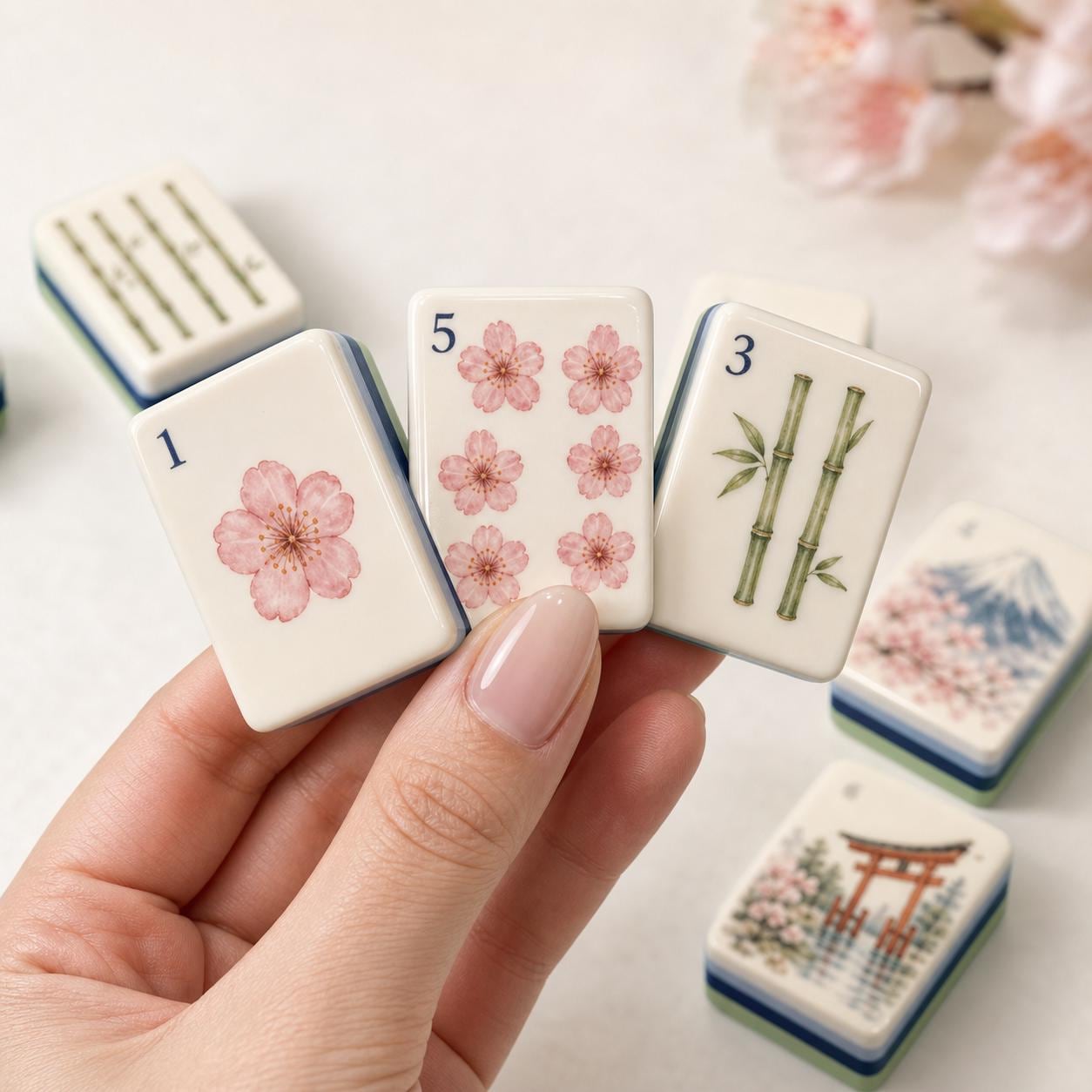 Tokyo Sakura Cherry Blossom American Mahjong Tiles showing pink blossoms and bamboo