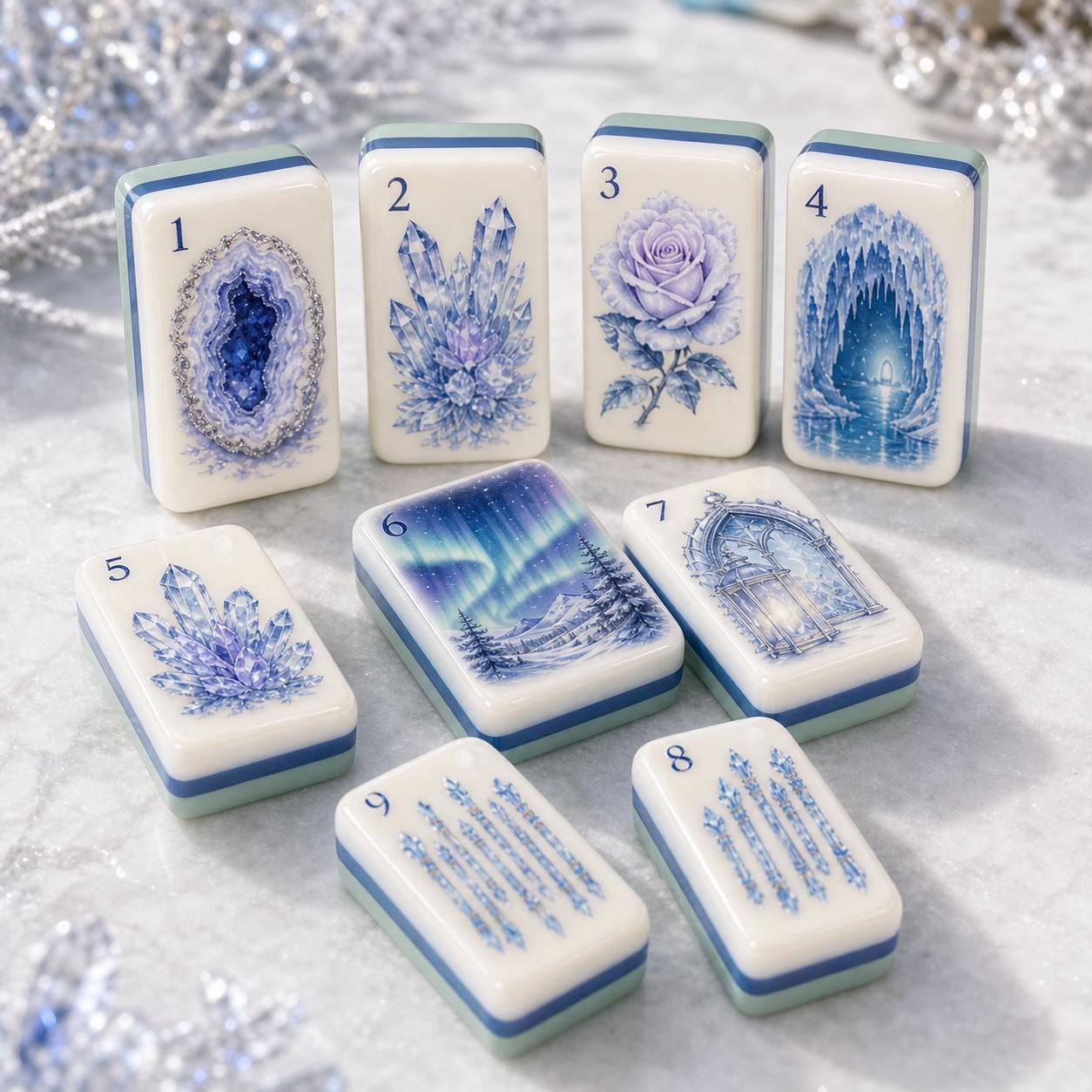 Snow Magic Crystal American Mahjong Tiles with blue geode rose and aurora art