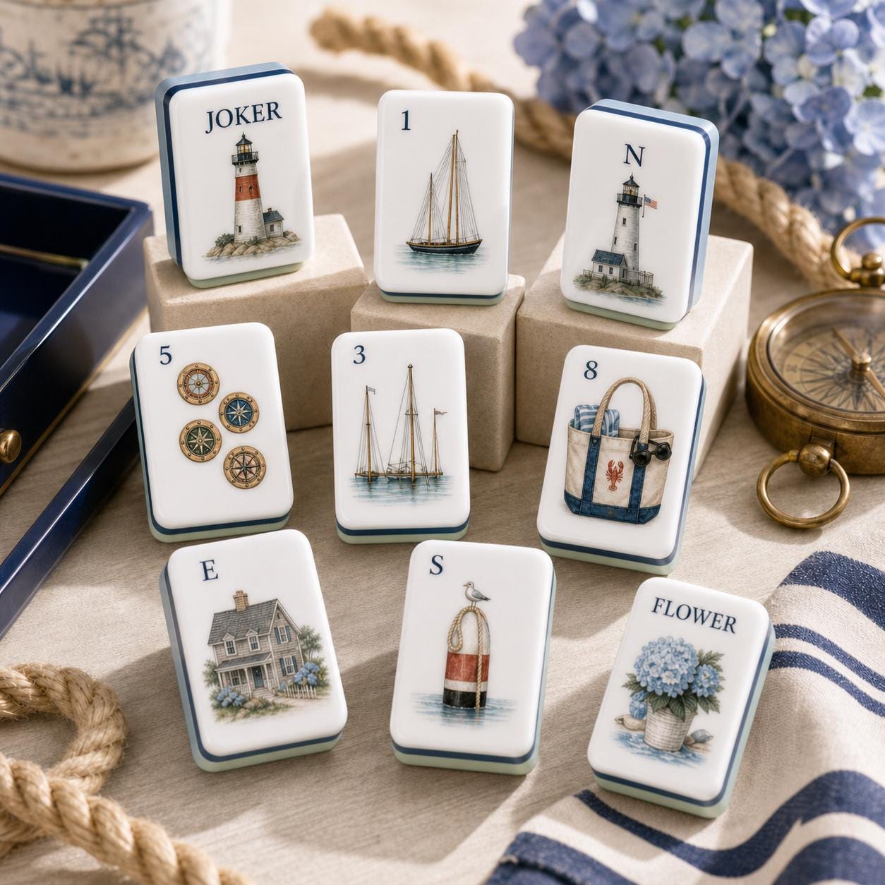 Nantucket Harbor American Mahjong Tiles with lighthouse sailboat and hydrangea art
