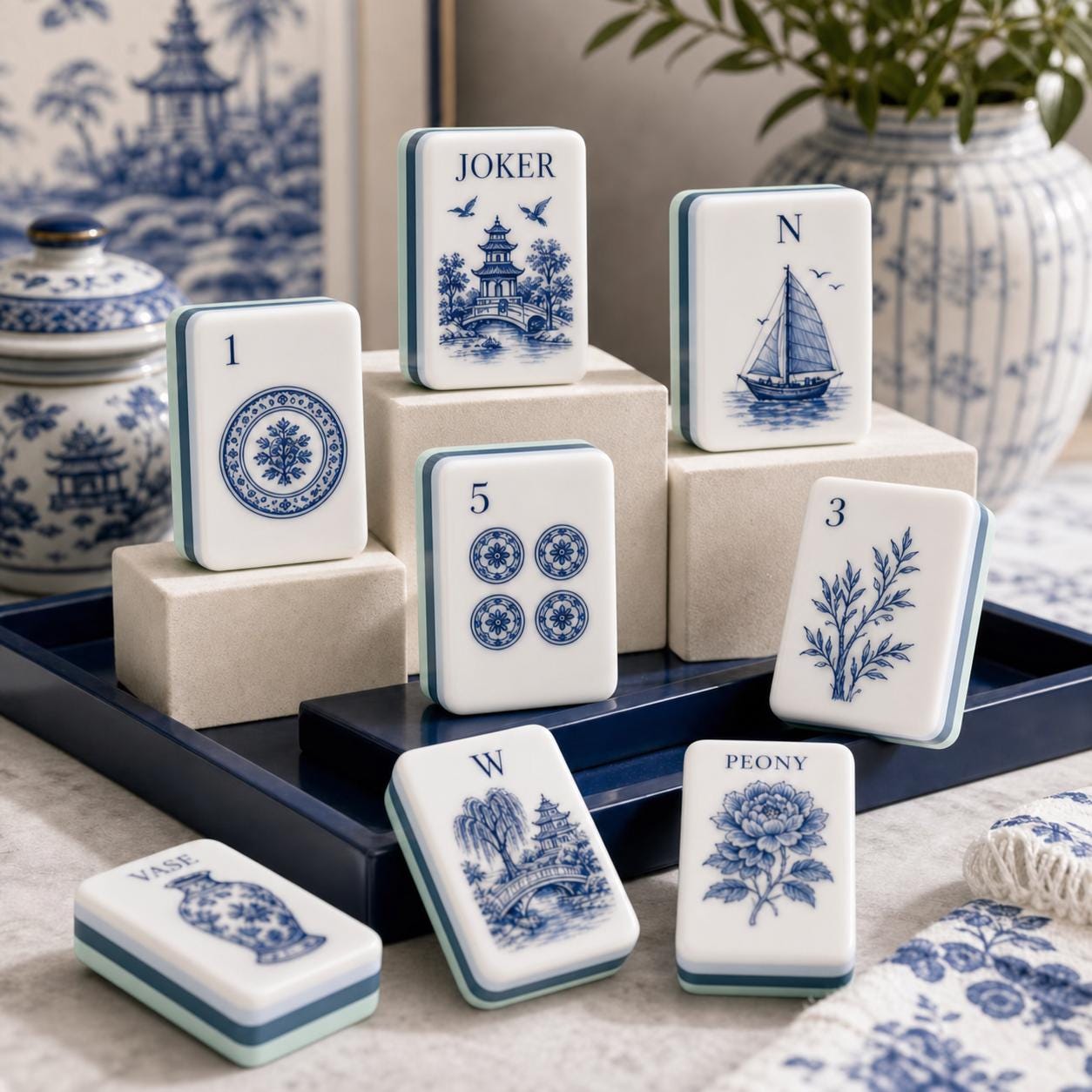 Blue Willow Chinoiserie American Mahjong Tiles with blue pagoda and peony artwork