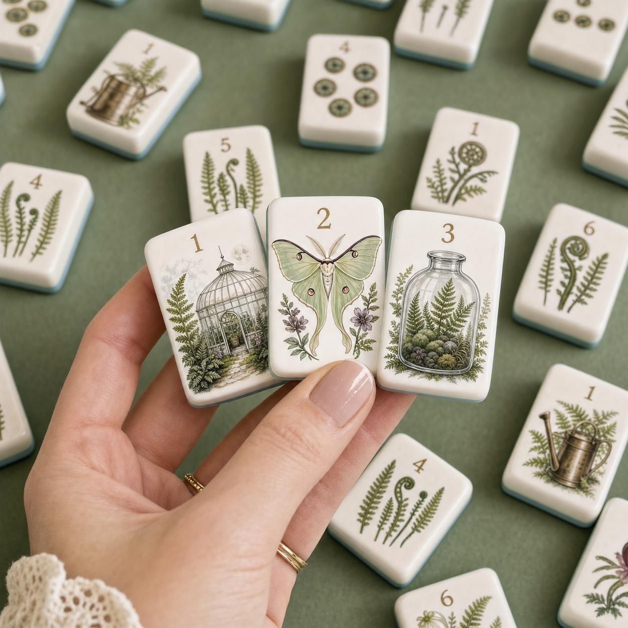 Fern and Moth Botanical American Mahjong Tiles with moth terrarium and fern artwork