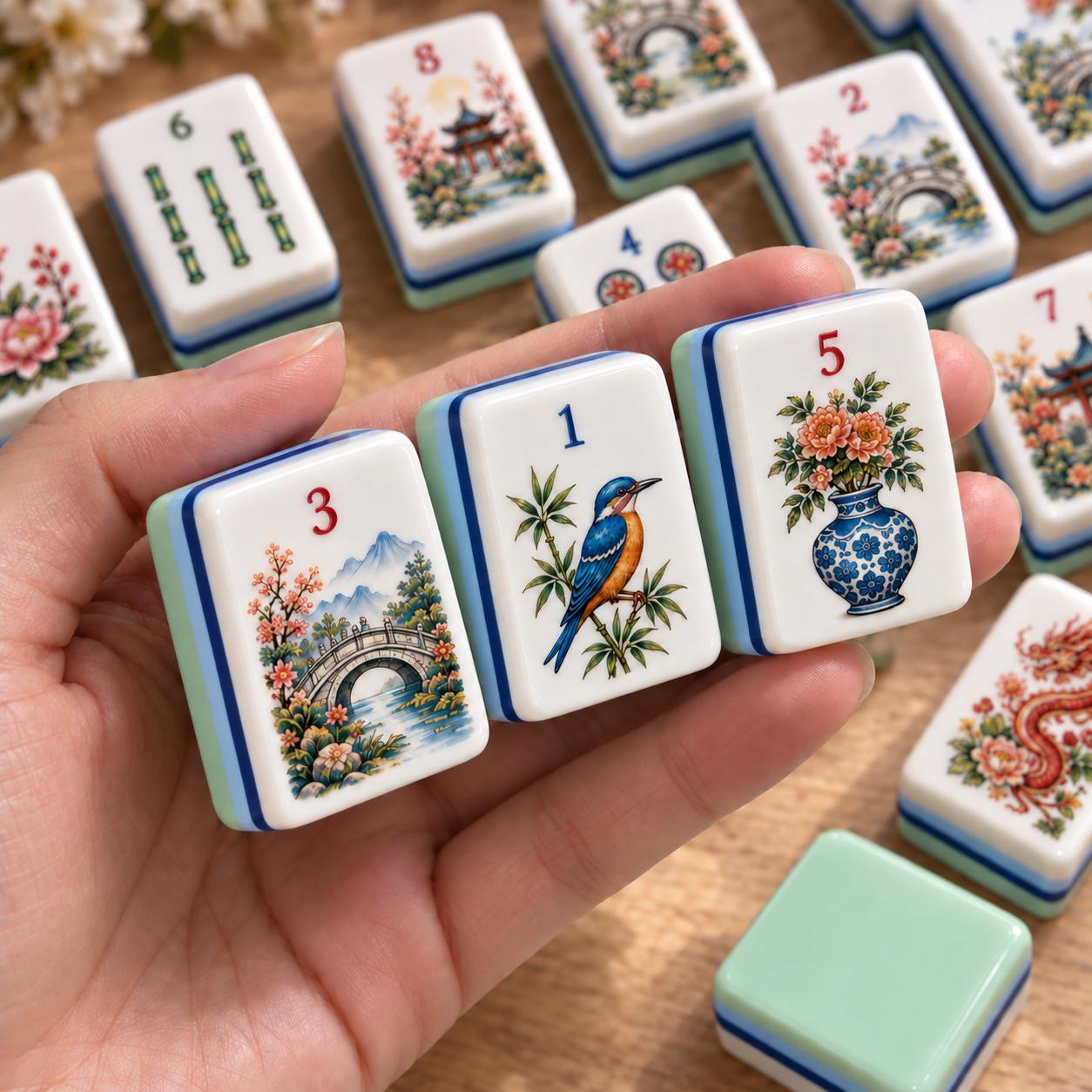 Kingfisher Chinoiserie Garden American Mahjong Tiles with blue bird and peony vase