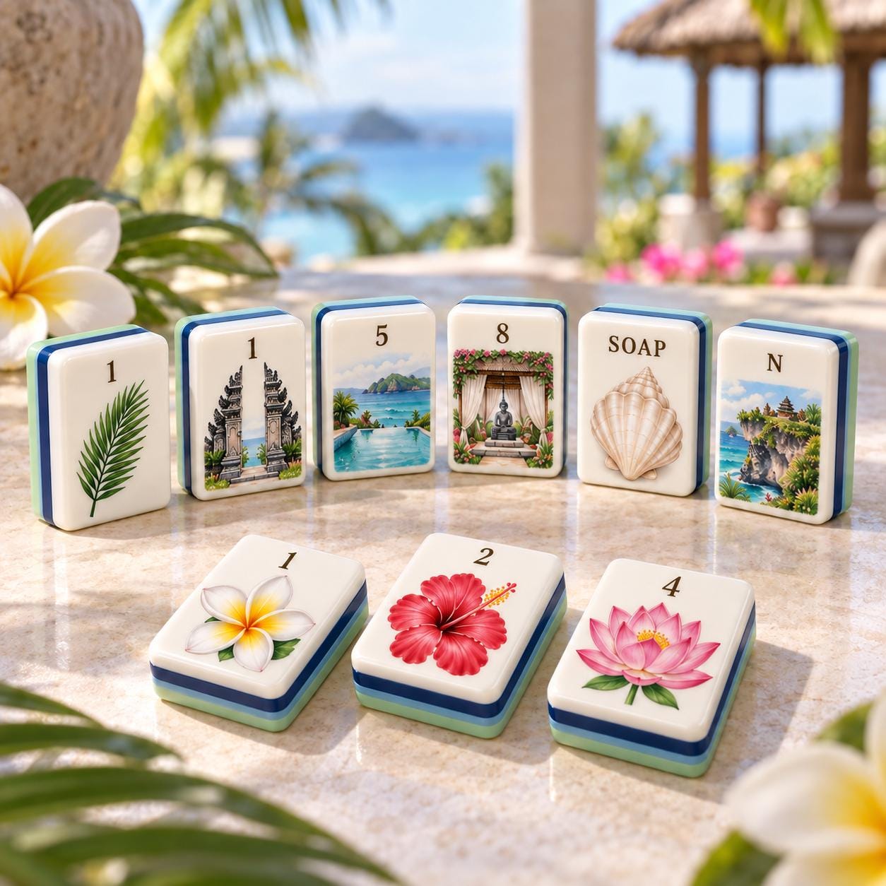 Bali Tropical Retreat American Mahjong Tiles with temple gate plumeria and seaside art