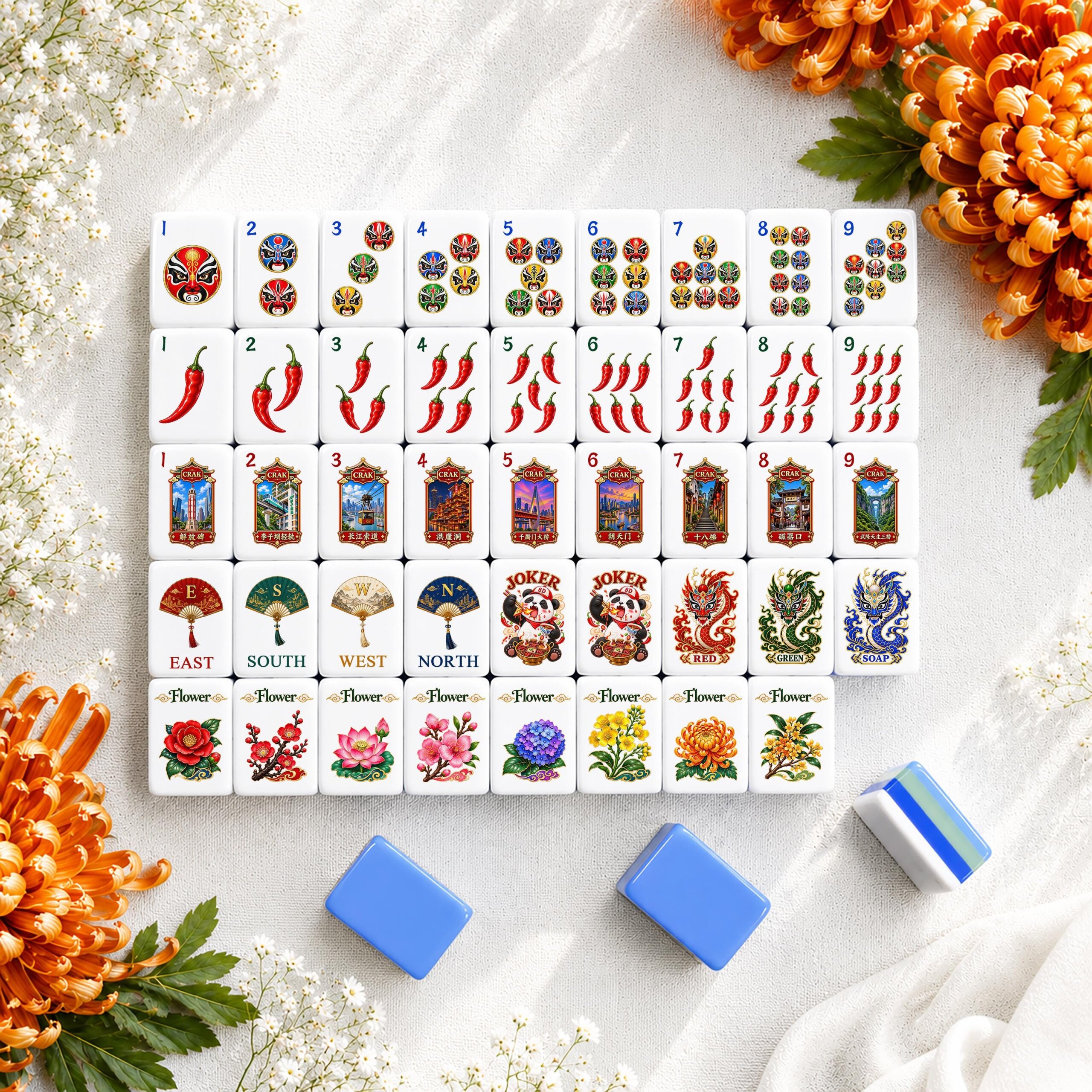 Chongqing China Inspired American Mahjong Tiles with opera mask Dots chili Bams and panda Jokers