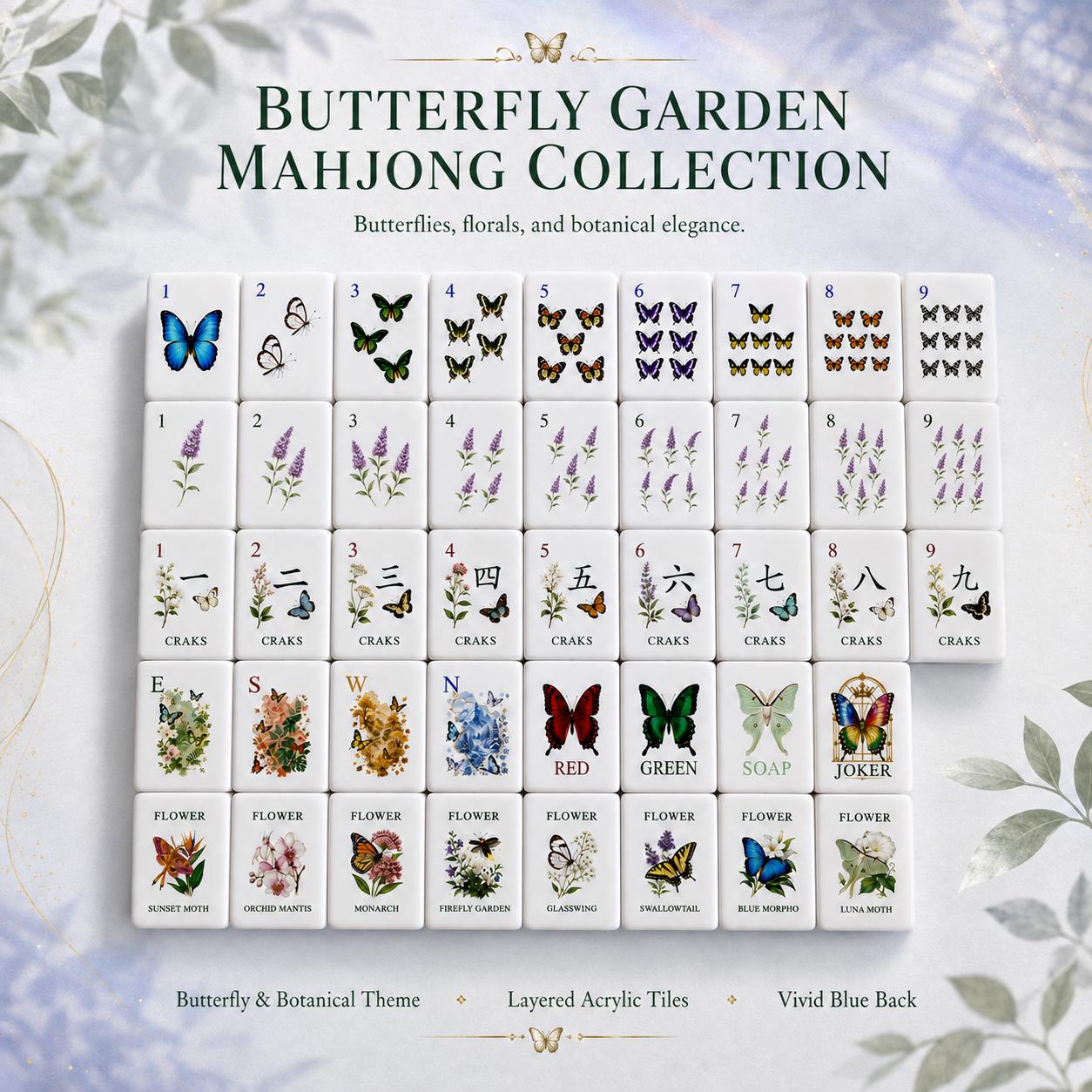 Blue-back Butterfly Garden American Mahjong tiles with butterfly and lavender artwork
