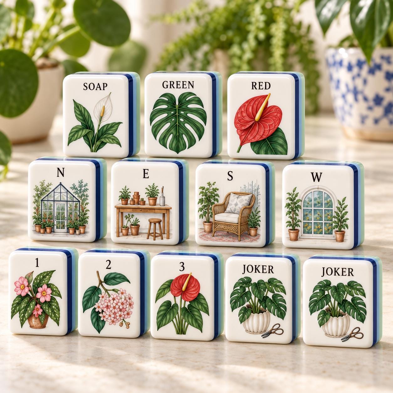Botanical Workshop American Mahjong Tiles with monstera anthurium and greenhouse art