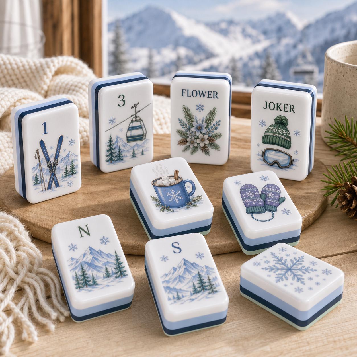Alpine Ski Winter American Mahjong Tiles with cable car skis and cocoa motifs