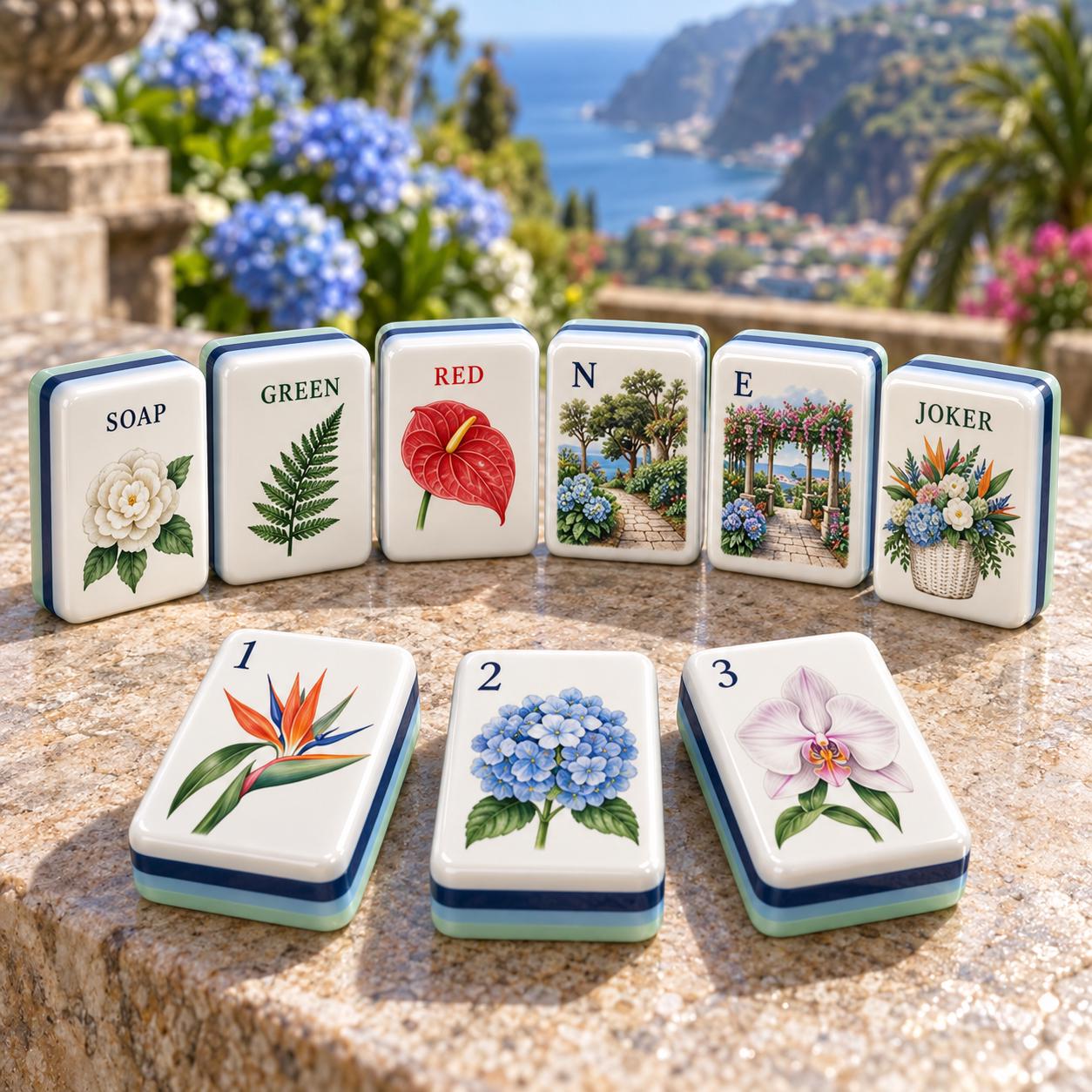 Amalfi Floral Terrace American Mahjong Tiles with hydrangea and coastal terrace artwork