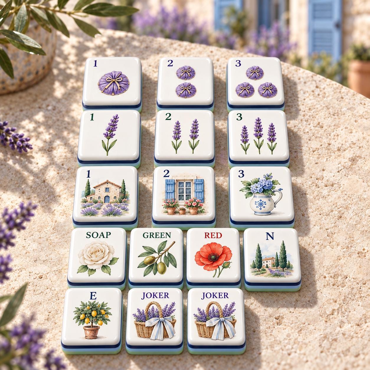 Provence Lavender Garden American Mahjong Tiles with lavender sprigs and garden scenes