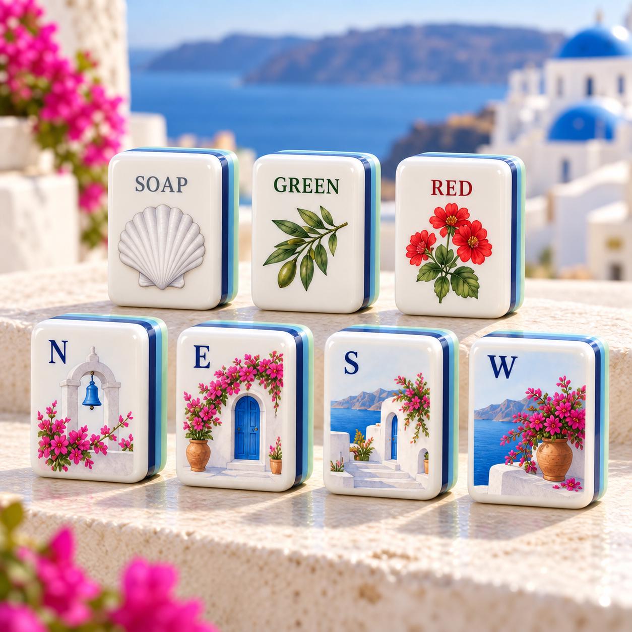 Santorini Terrace American Mahjong Tiles with blue doorway bougainvillea and seashell designs