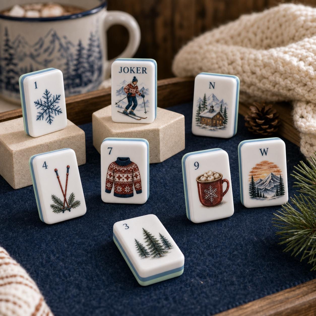 Winter Ski Resort American Mahjong Tiles with skier snowy cabin and snowflake artwork