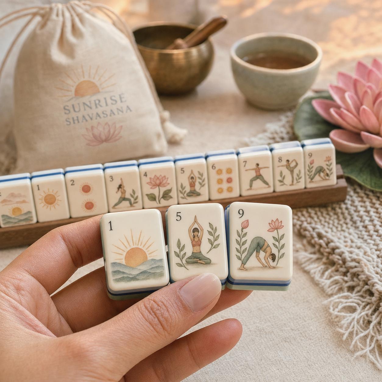 Yoga and Zen American Mahjong Tiles showing sunrise lotus and yoga pose artwork