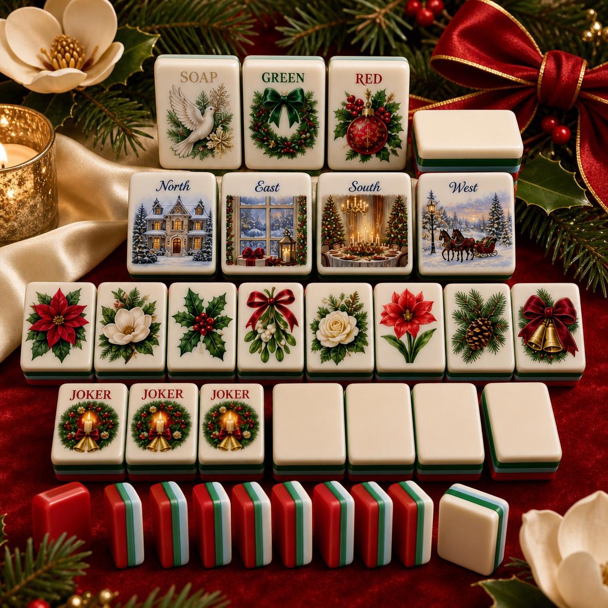 Red-Back Christmas Floral American Mahjong Tiles