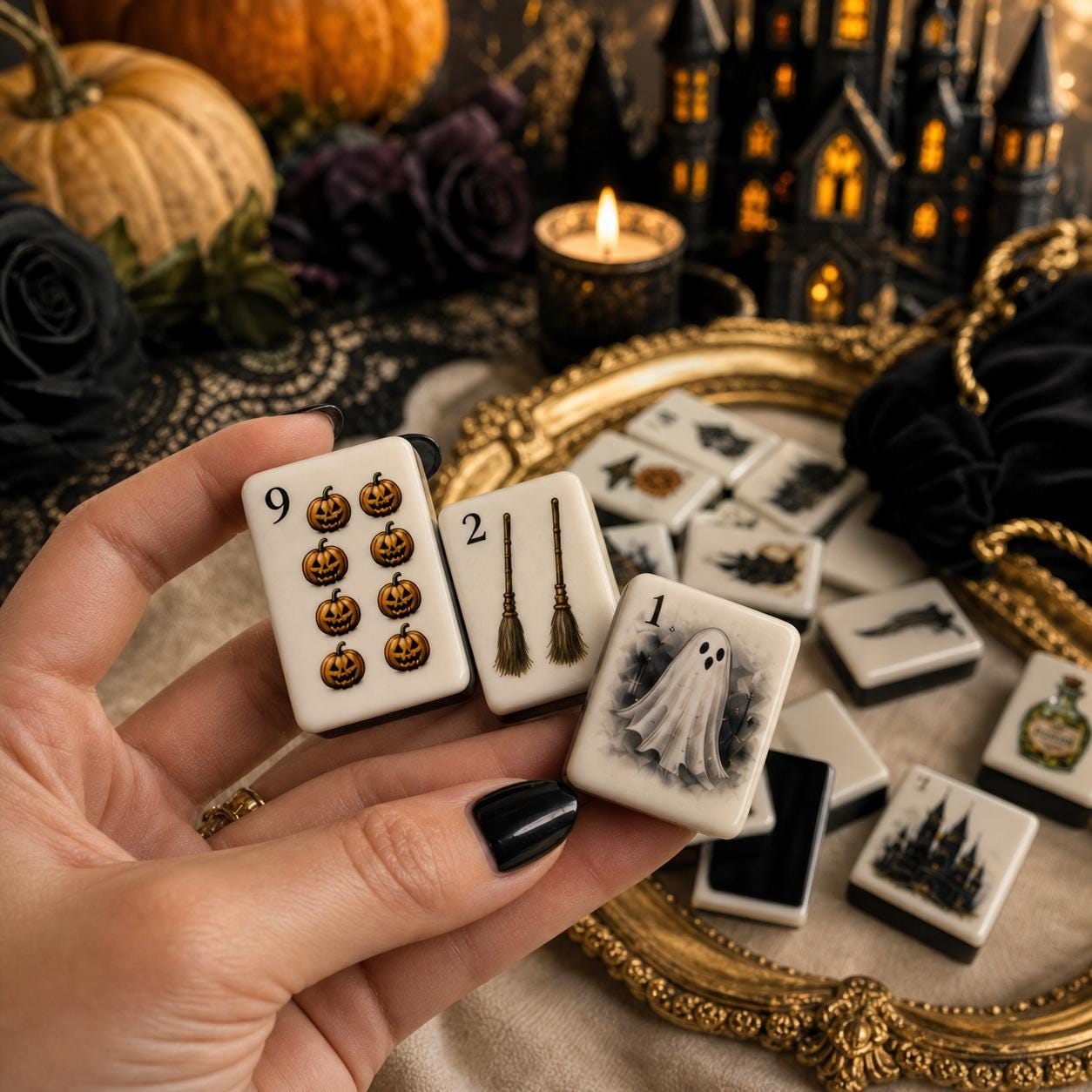 Black-Back Halloween American Mahjong Tiles with pumpkins brooms and ghost