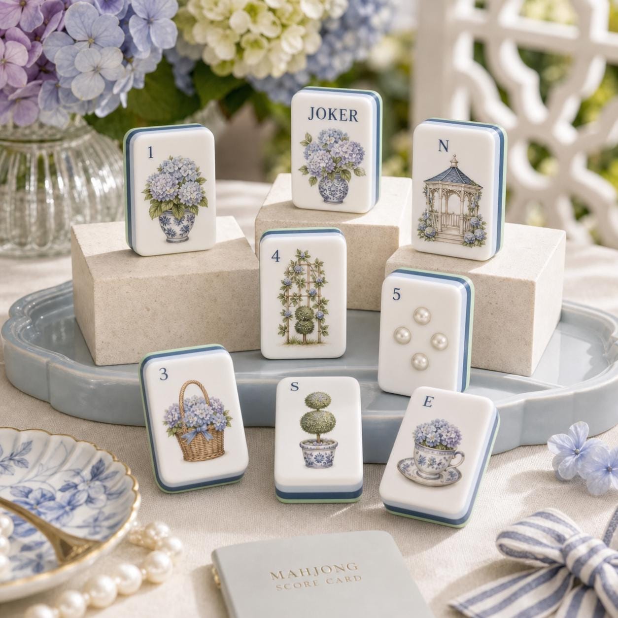 Cottage Hydrangea Gazebo American Mahjong Tiles with blue floral vases pearl Dots and gazebo