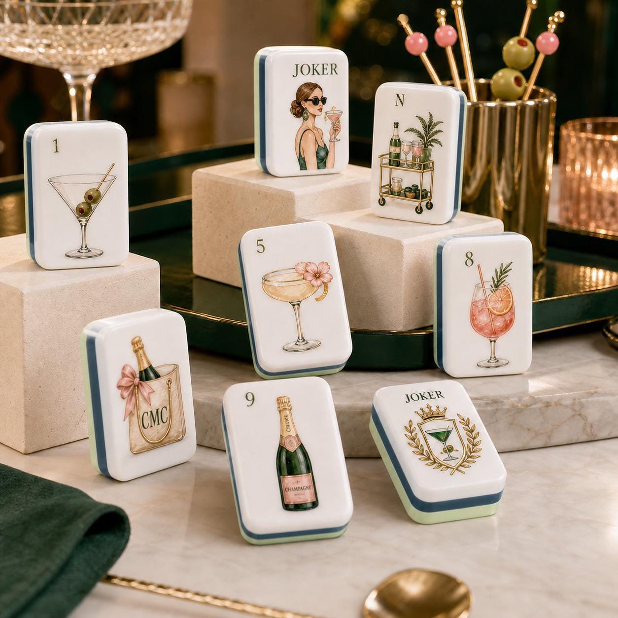Cocktail Social Club American Mahjong Tiles with martini champagne and retro Joker art