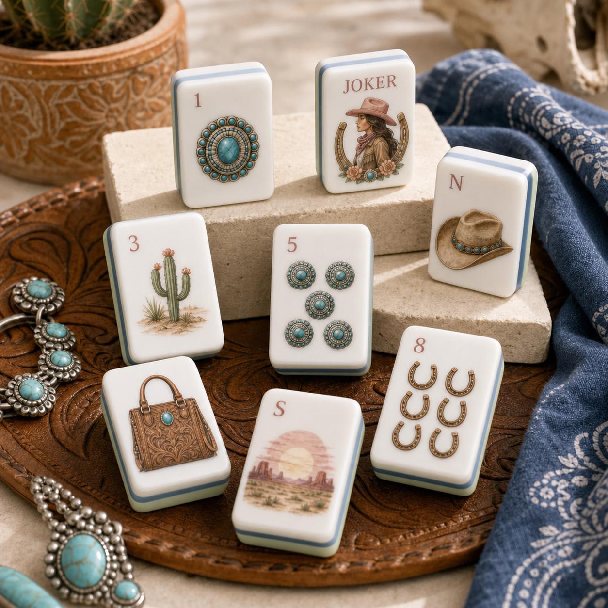 Western Cowgirl American Mahjong Tiles with cactus horseshoe and turquoise artwork