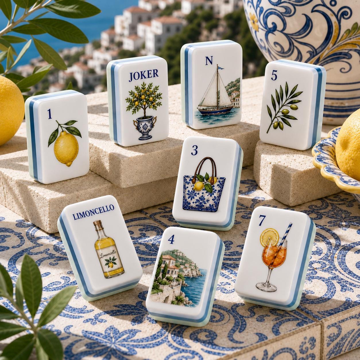Amalfi Lemon Resort American Mahjong Tiles with lemon sailboat and limoncello designs