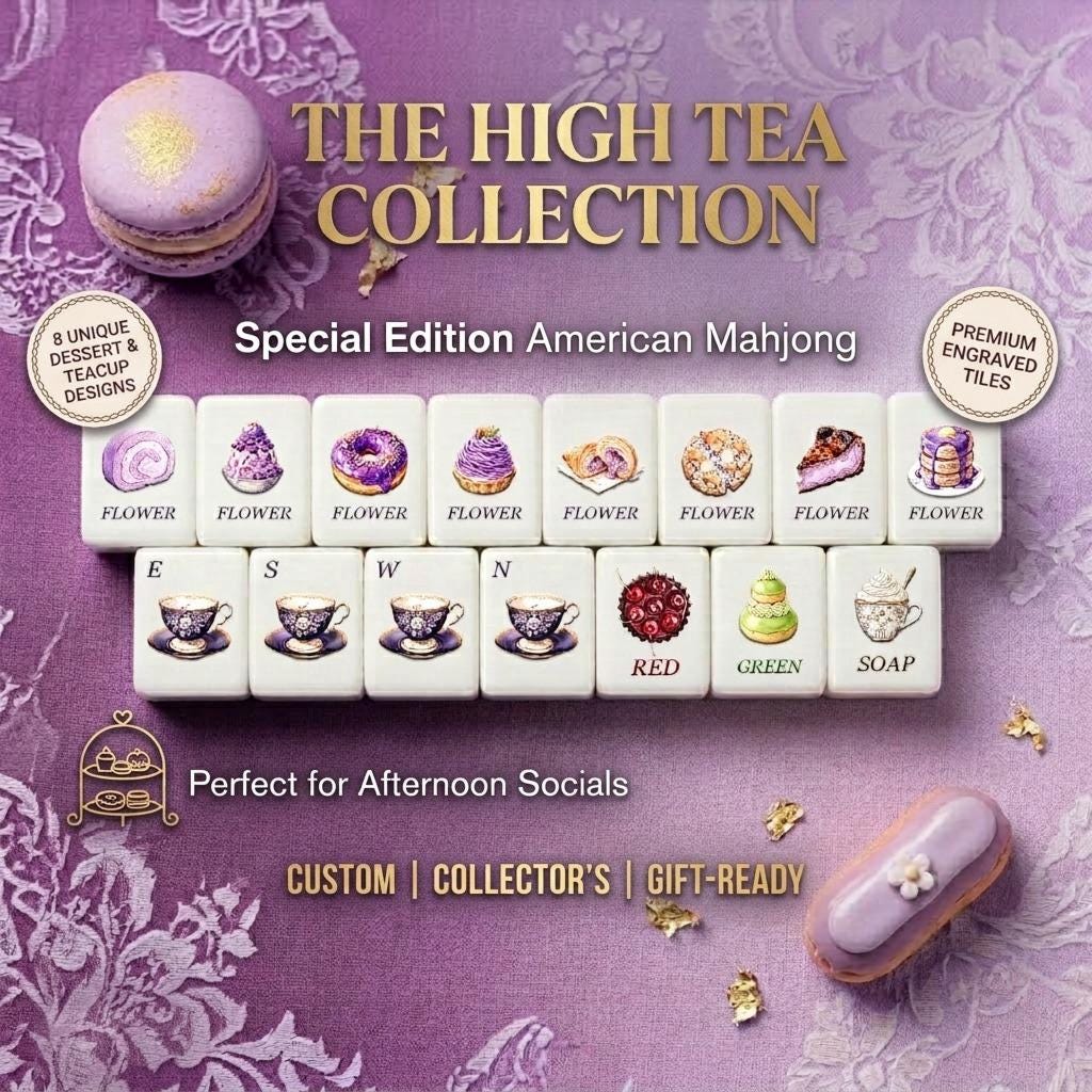 Purple High Tea American Mahjong tiles with macarons éclairs and teacups