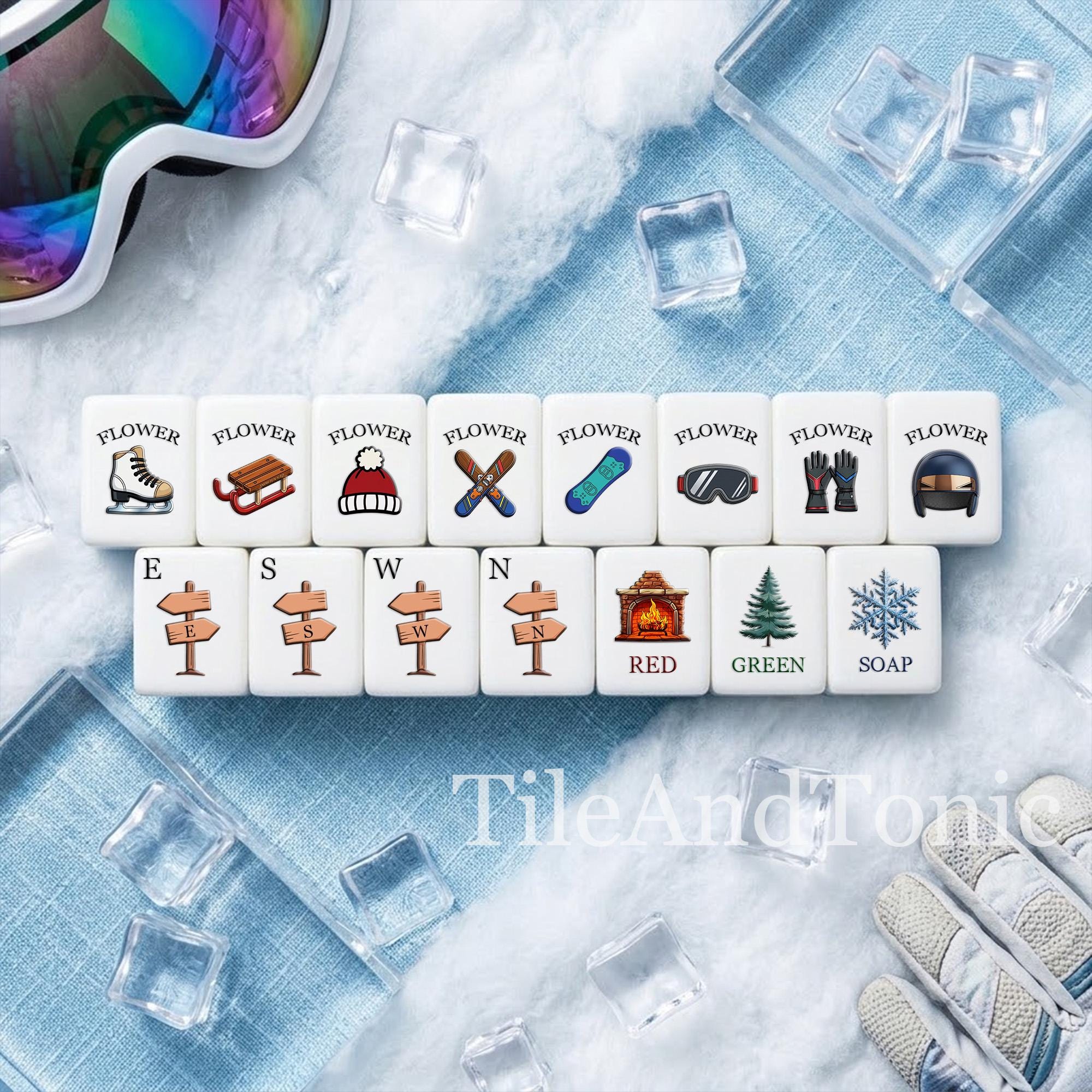 Ski Lodge snowboard American Mahjong tiles with gondolas and snowy mountains