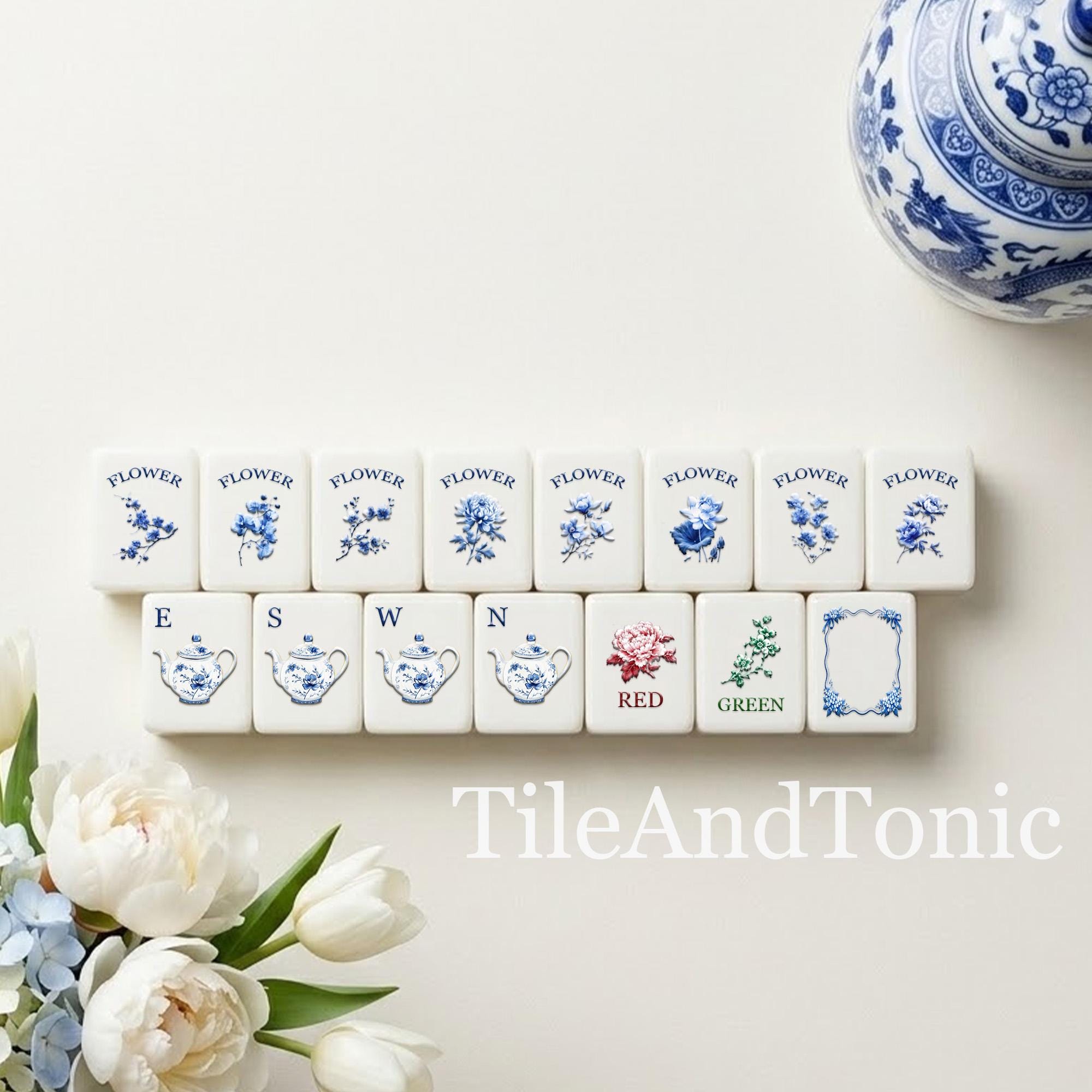 Blue and white ginger jar American Mahjong tiles with vase and floral artwork
