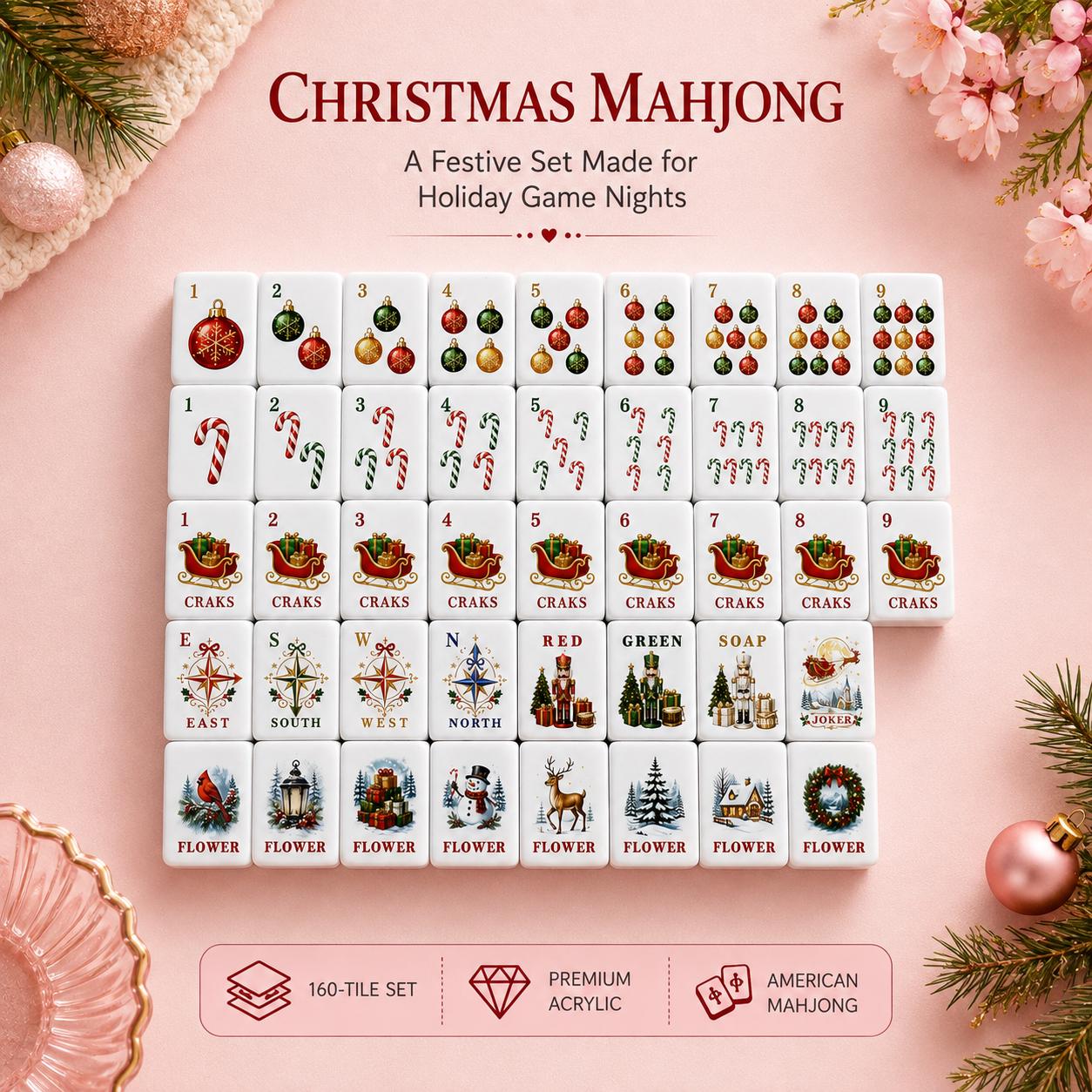 Magenta-Back Christmas American Mahjong Tiles