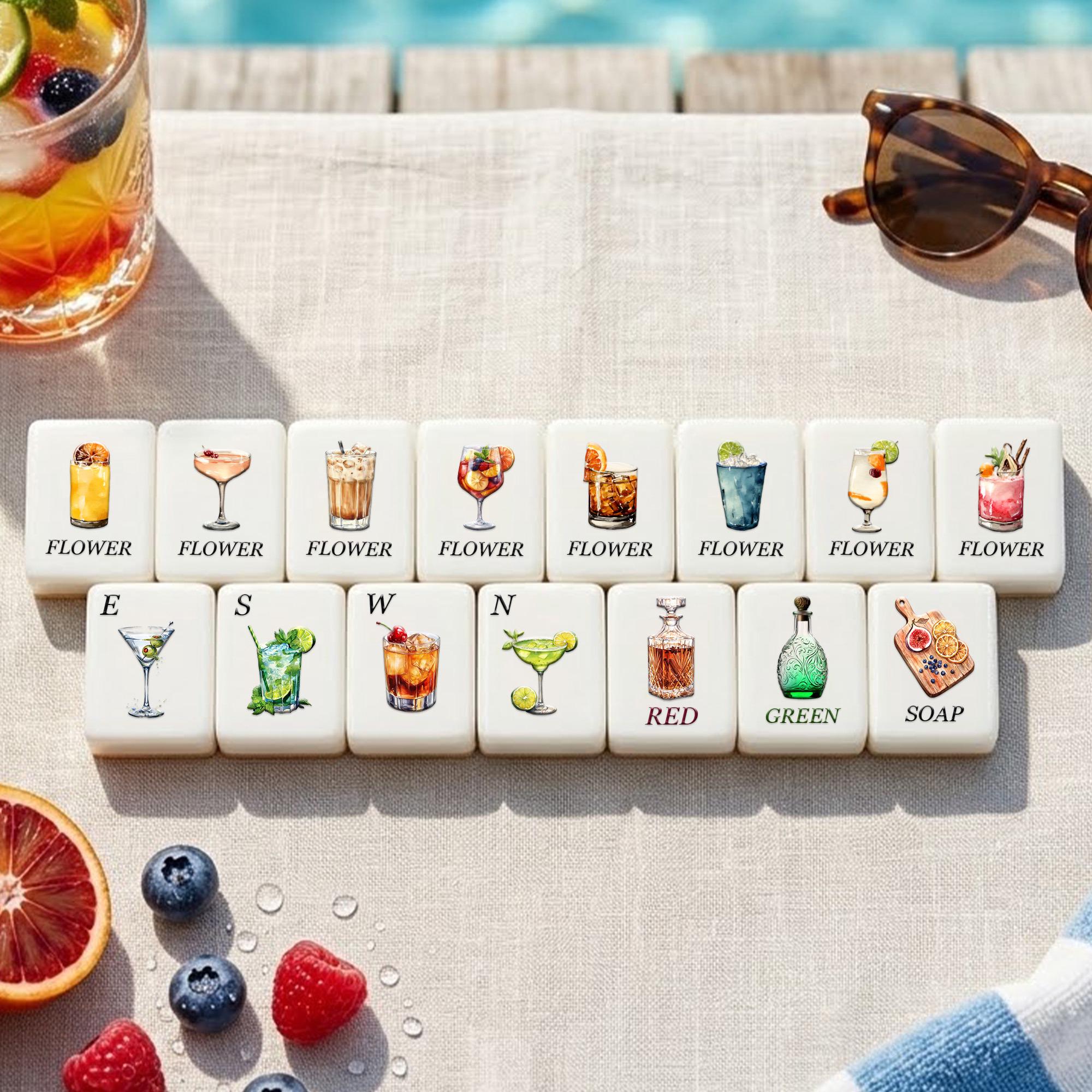 Cocktail Collection American Mahjong Tiles showing eight illustrated drink Flower tiles
