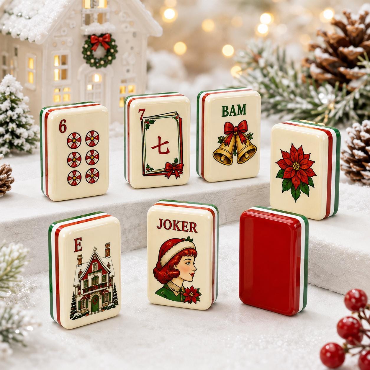 Red & Green Vintage Christmas Mahjong Tiles