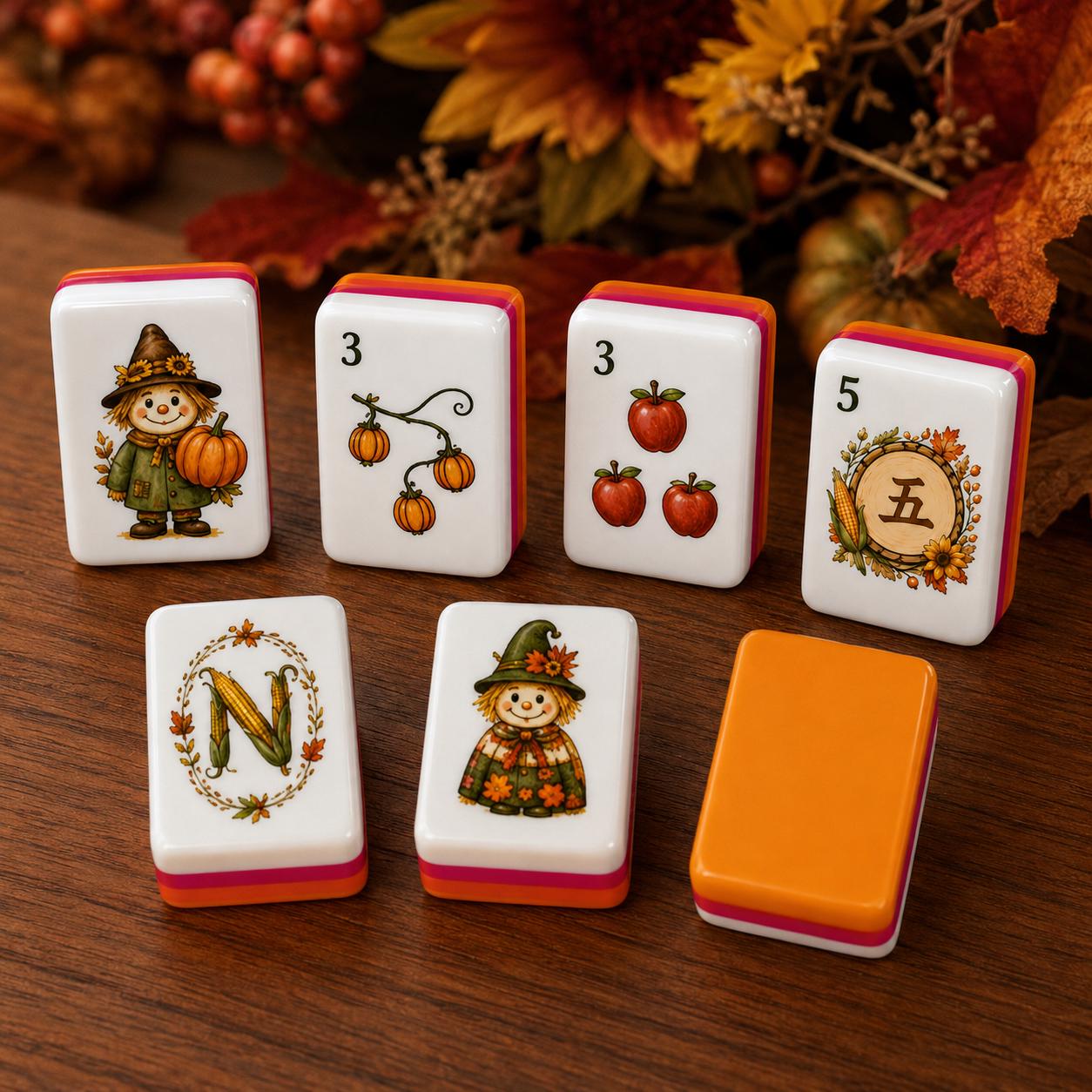 Scarecrow Harvest American Mahjong Tiles with scarecrow pumpkin apple corn and orange back