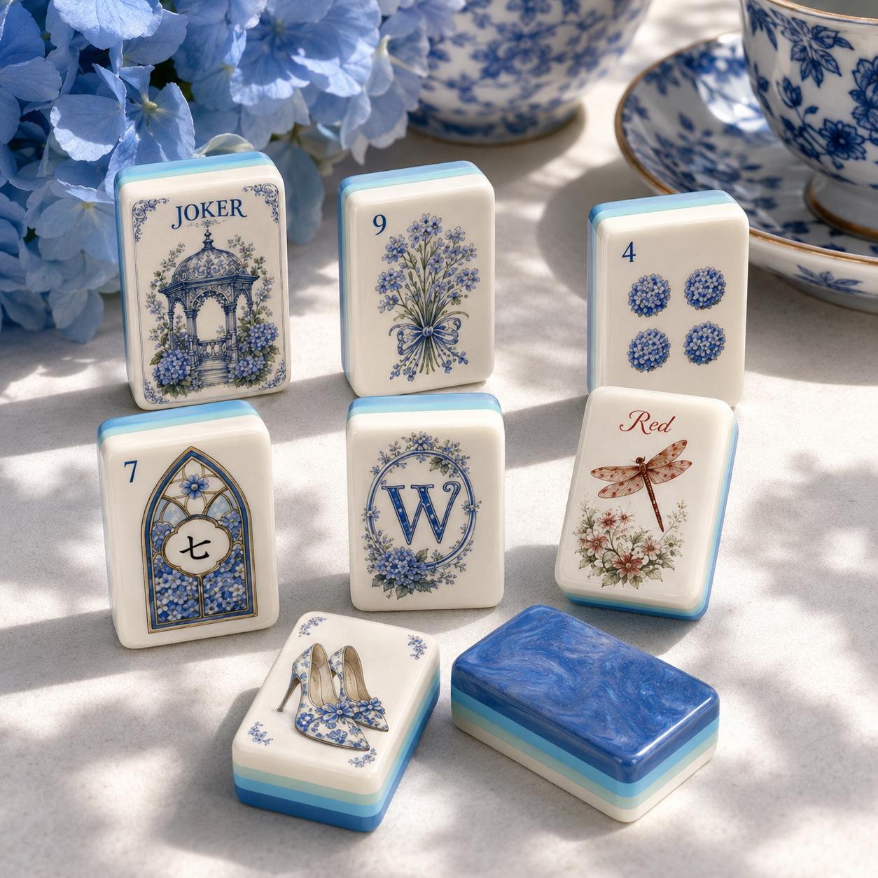 Blue Hydrangea Garden American Mahjong Tiles with blue flowers gazebo Joker and blue back