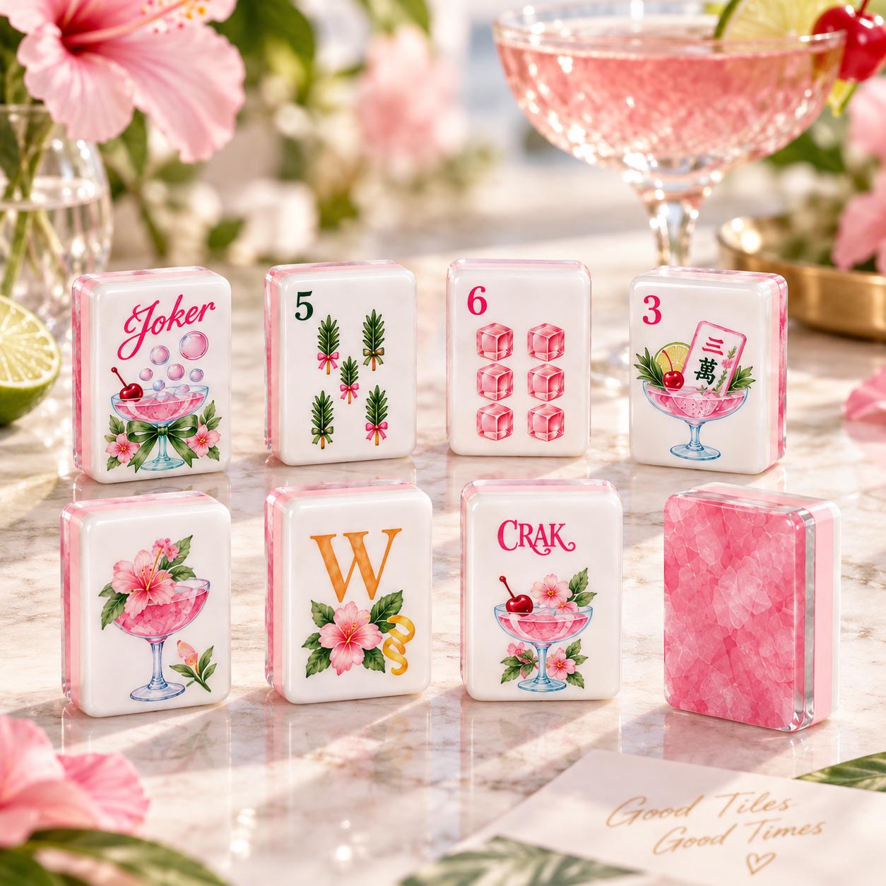 Pink tropical cocktail American Mahjong tiles with drink and botanical motifs