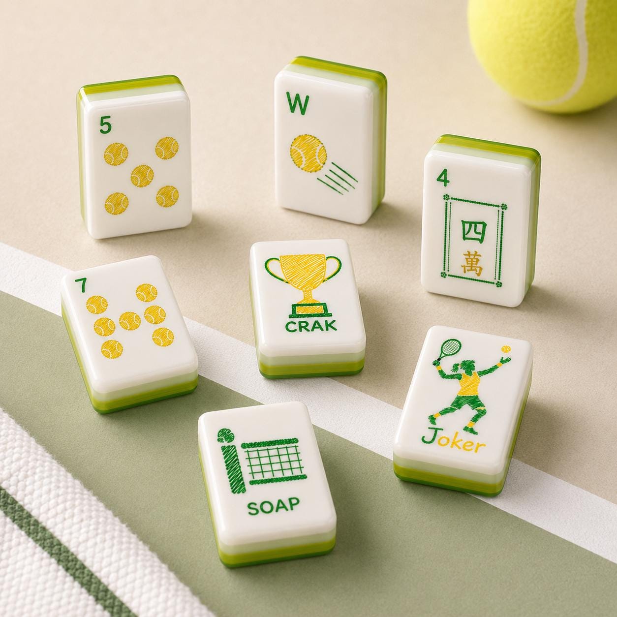 Green and yellow tennis American Mahjong tiles with ball and racket artwork