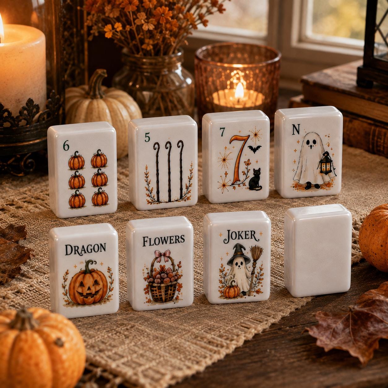 Halloween Harvest Black Cat American Mahjong tiles with pumpkin and black cat artwork Halloween Harvest Black Cat American Mahjong tiles with pumpkin and black cat artwork