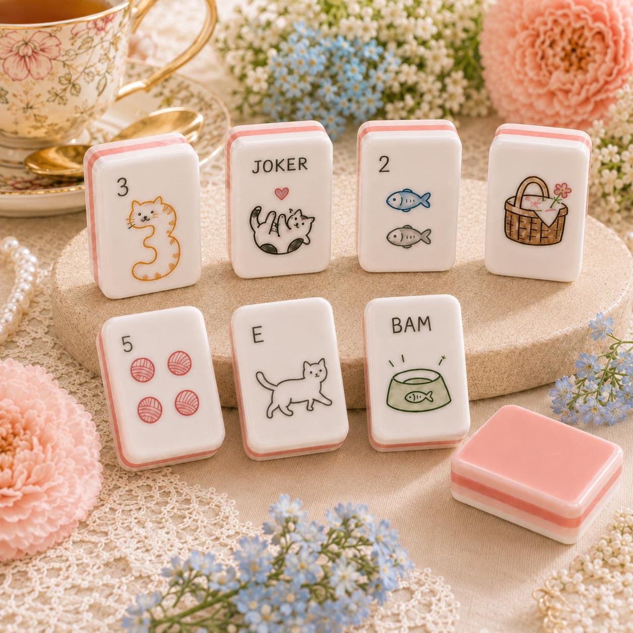 Spring Cats American Mahjong tiles with yarn balls fish and pink edges