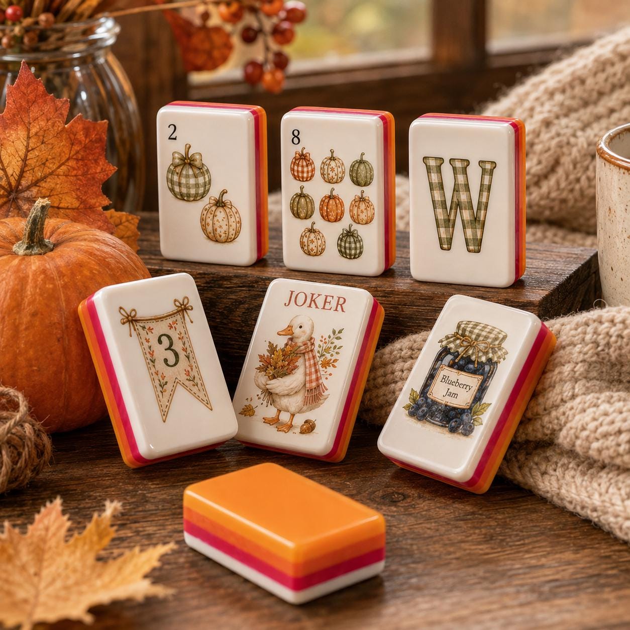 Pumpkin and woodland Mahjong tiles