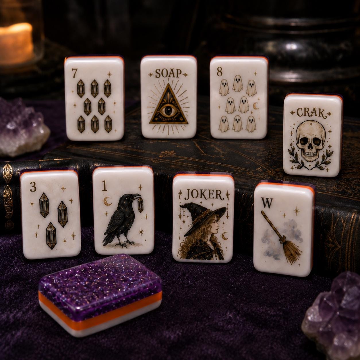 Purple Glitter Witchy American Mahjong tiles
