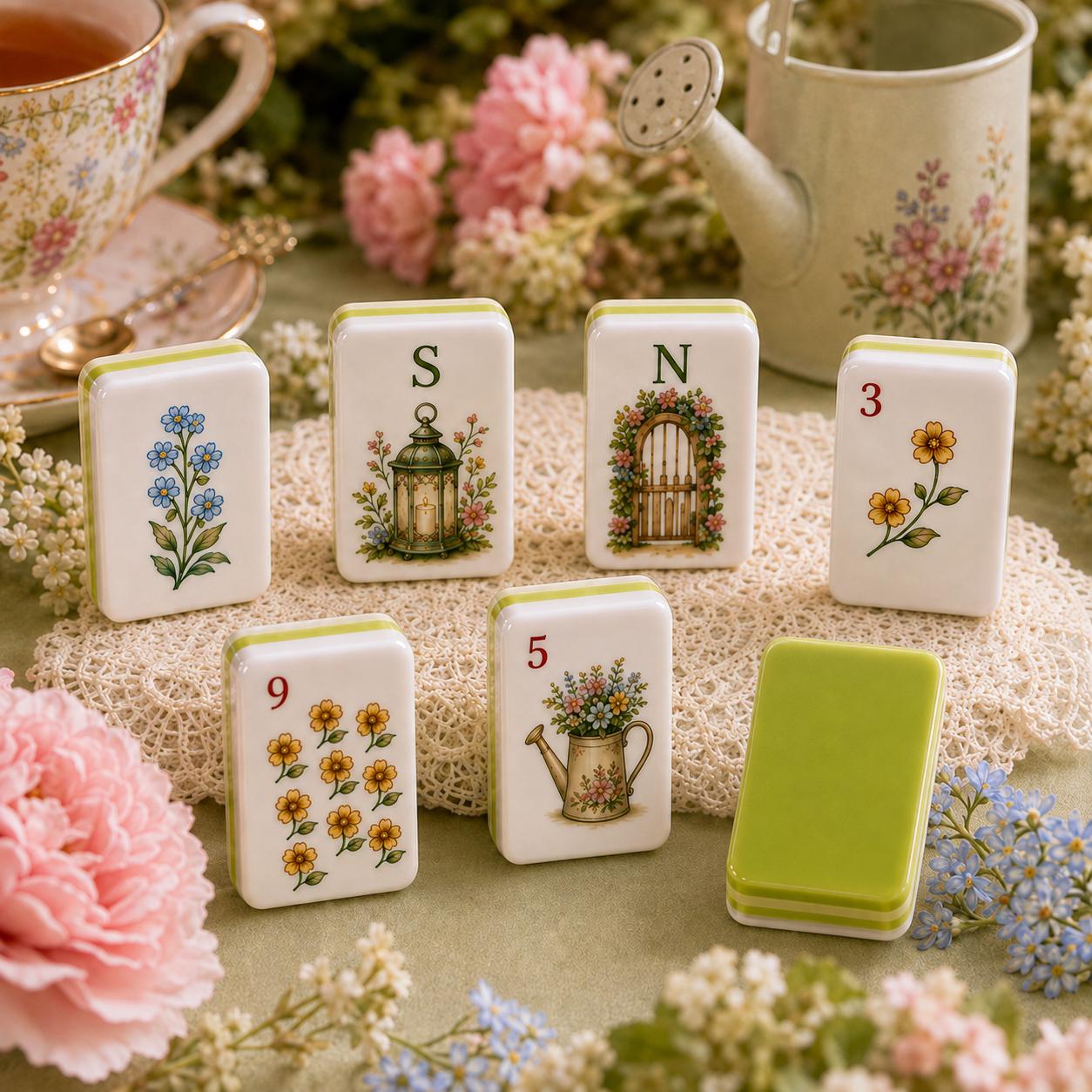 Vintage botanical garden American Mahjong tiles with floral artwork