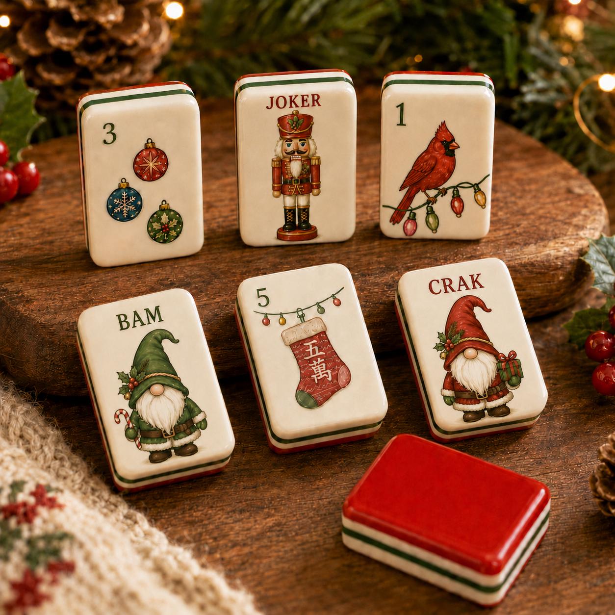 Vintage Santa Christmas American Mahjong tiles with ornaments and stocking artwork