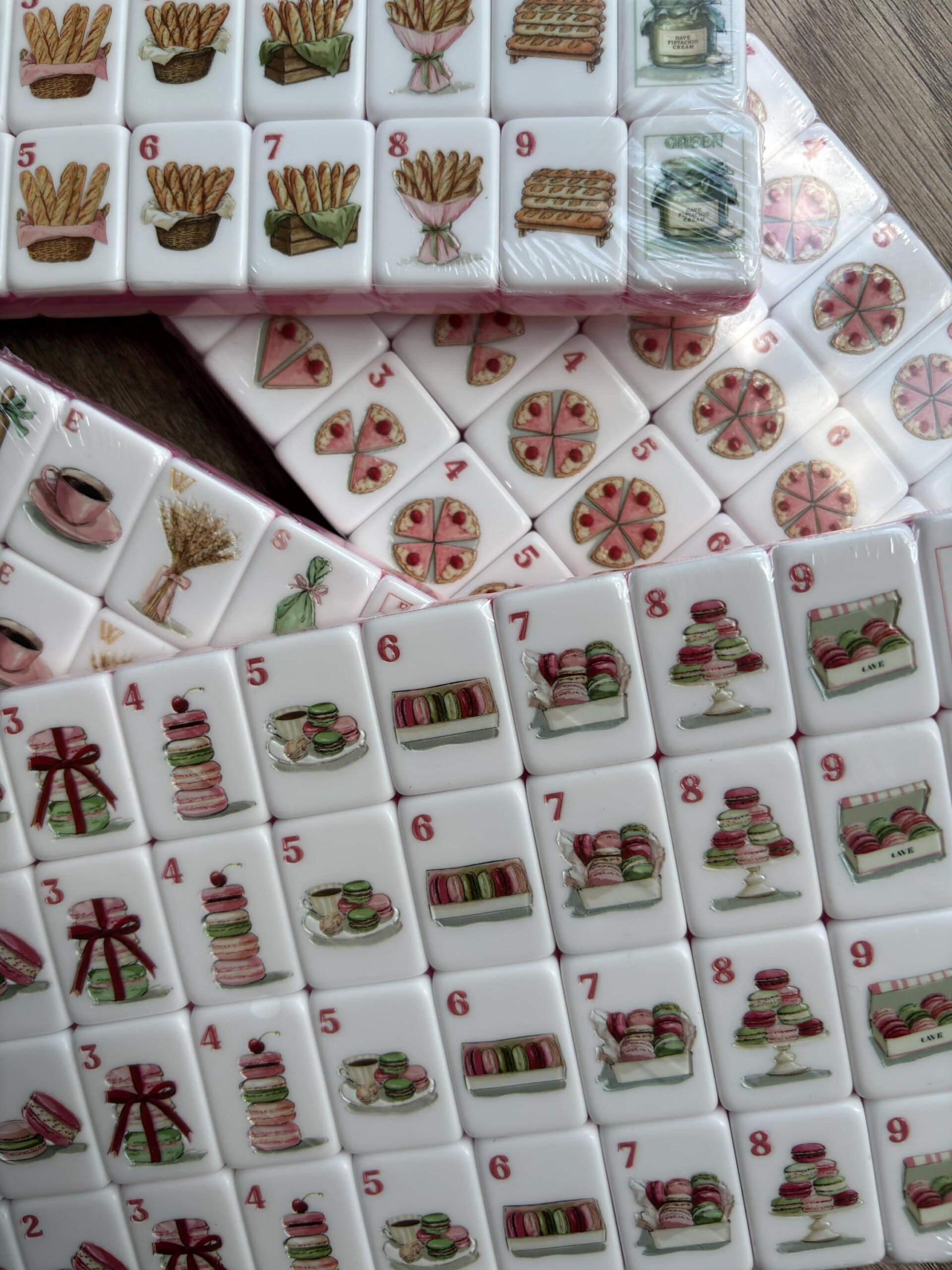 French Bakery Macaron American Mahjong tiles with baguettes tarts and cakes