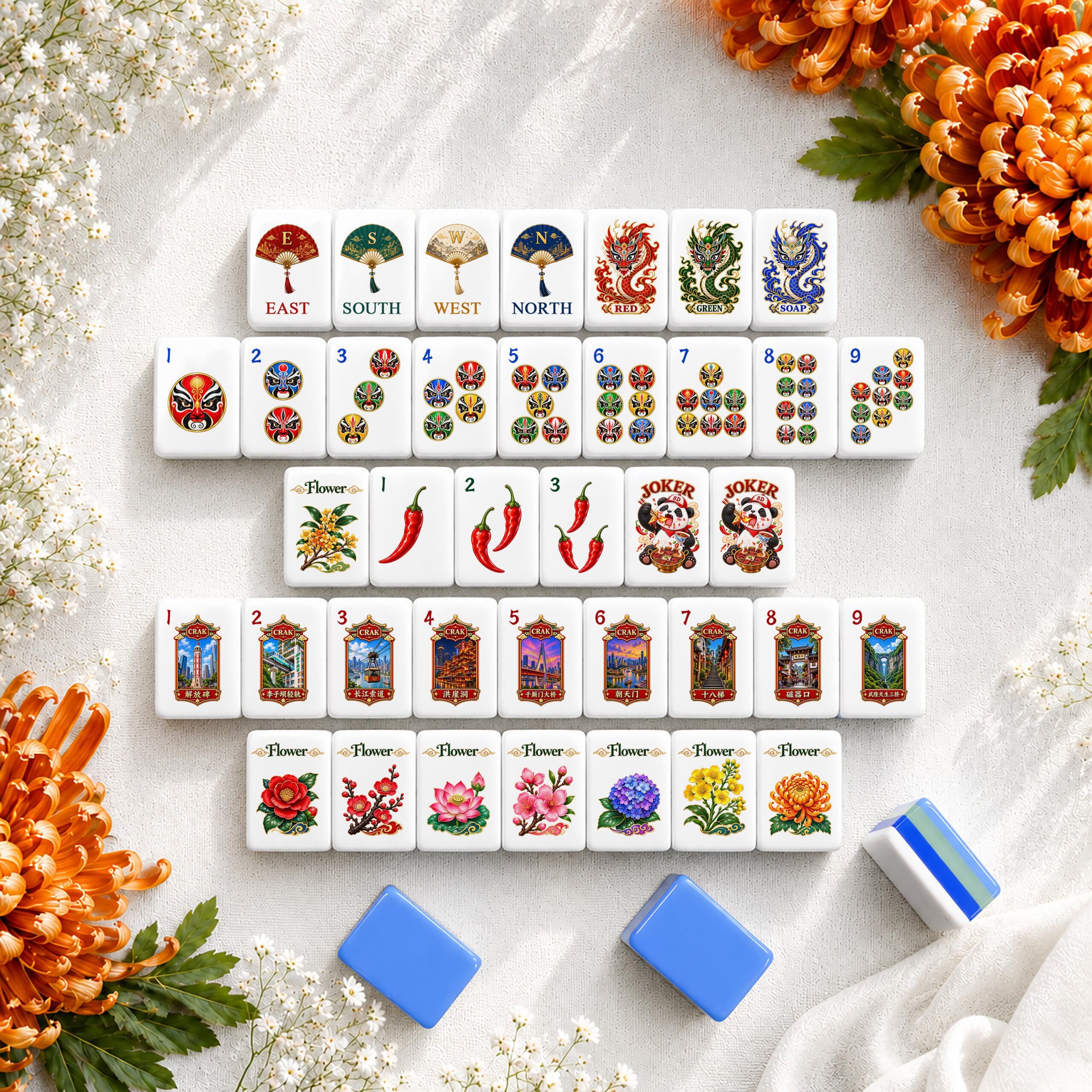 Chongqing City American Mahjong tiles with opera masks chili peppers and panda artwork
