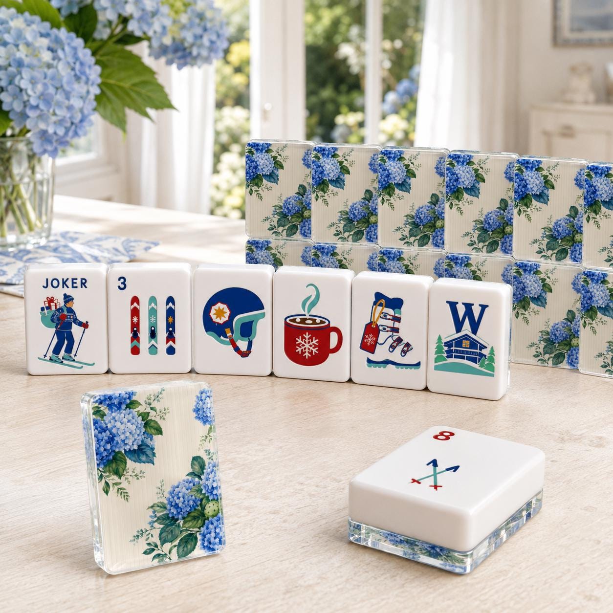 Blue Hydrangea Back Alpine Ski Mahjong Tiles with skier helmet cocoa and blue hydrangea backs