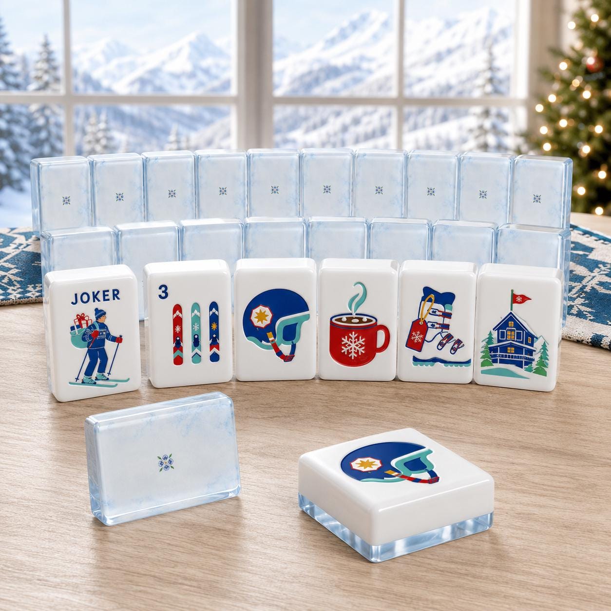 Clear Marble Back Alpine Ski Mahjong Tiles with skier Joker helmet hot cocoa and icy backs