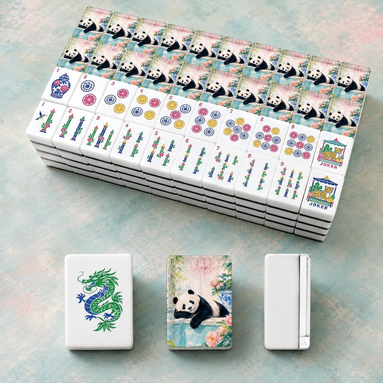 Blue Chinoiserie Panda American Mahjong Tiles with panda garden backs colorful Dots and bamboo faces