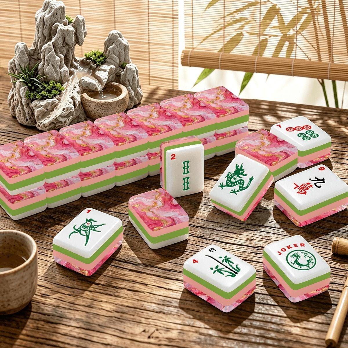 Pink Marble Green Layer American Mahjong Tiles with swirled pink backs and green dragon faces