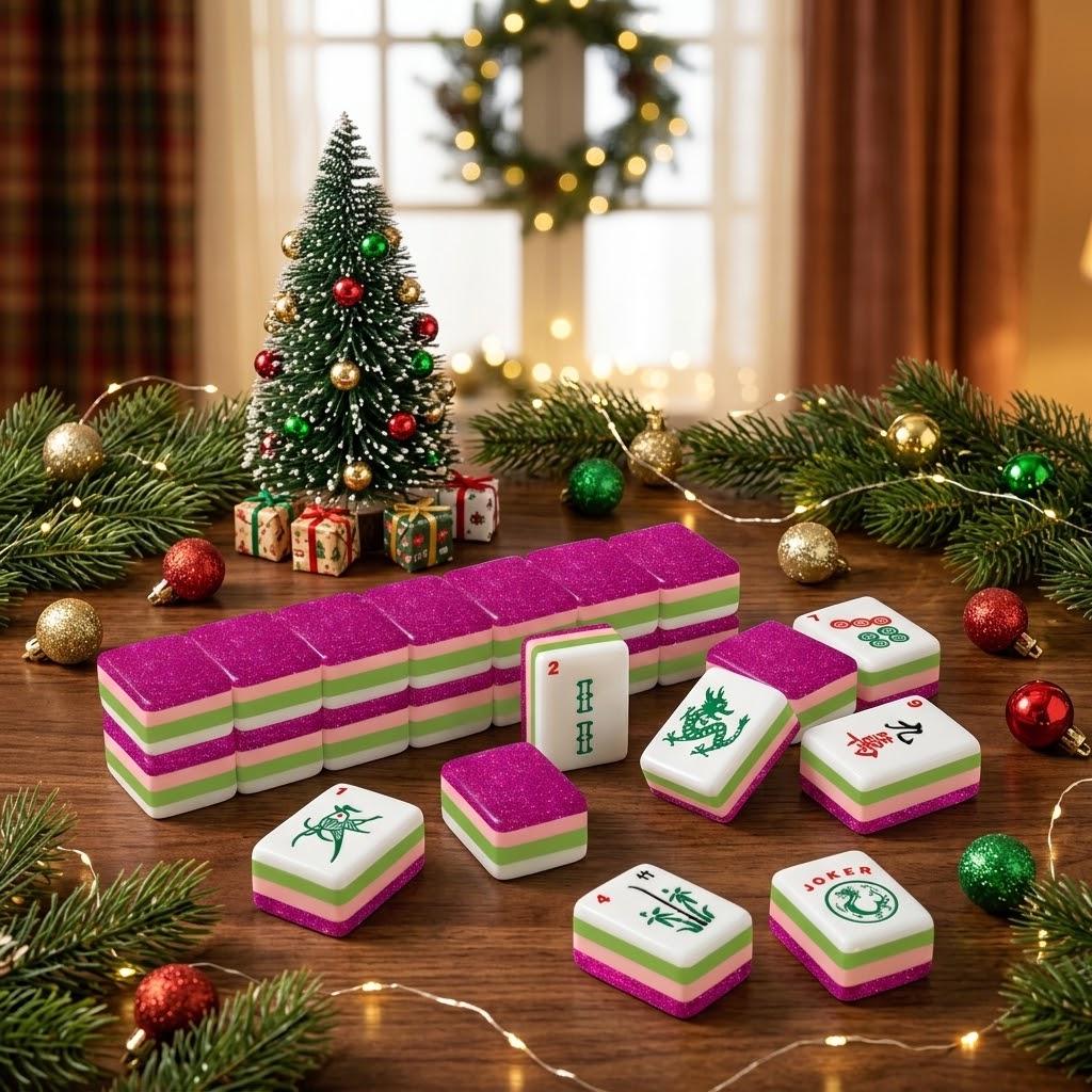 Magenta Glitter Pink American Mahjong Tiles with sparkling pink backs green layers and dragon faces