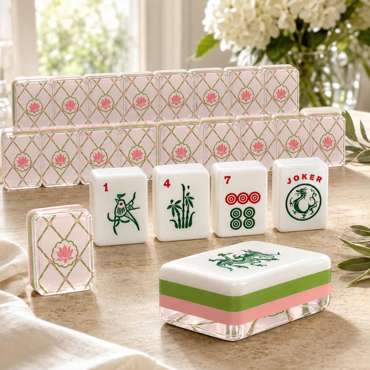 Pink Lotus Bamboo American Mahjong Tiles with lotus lattice backs green bamboo and circular Dots