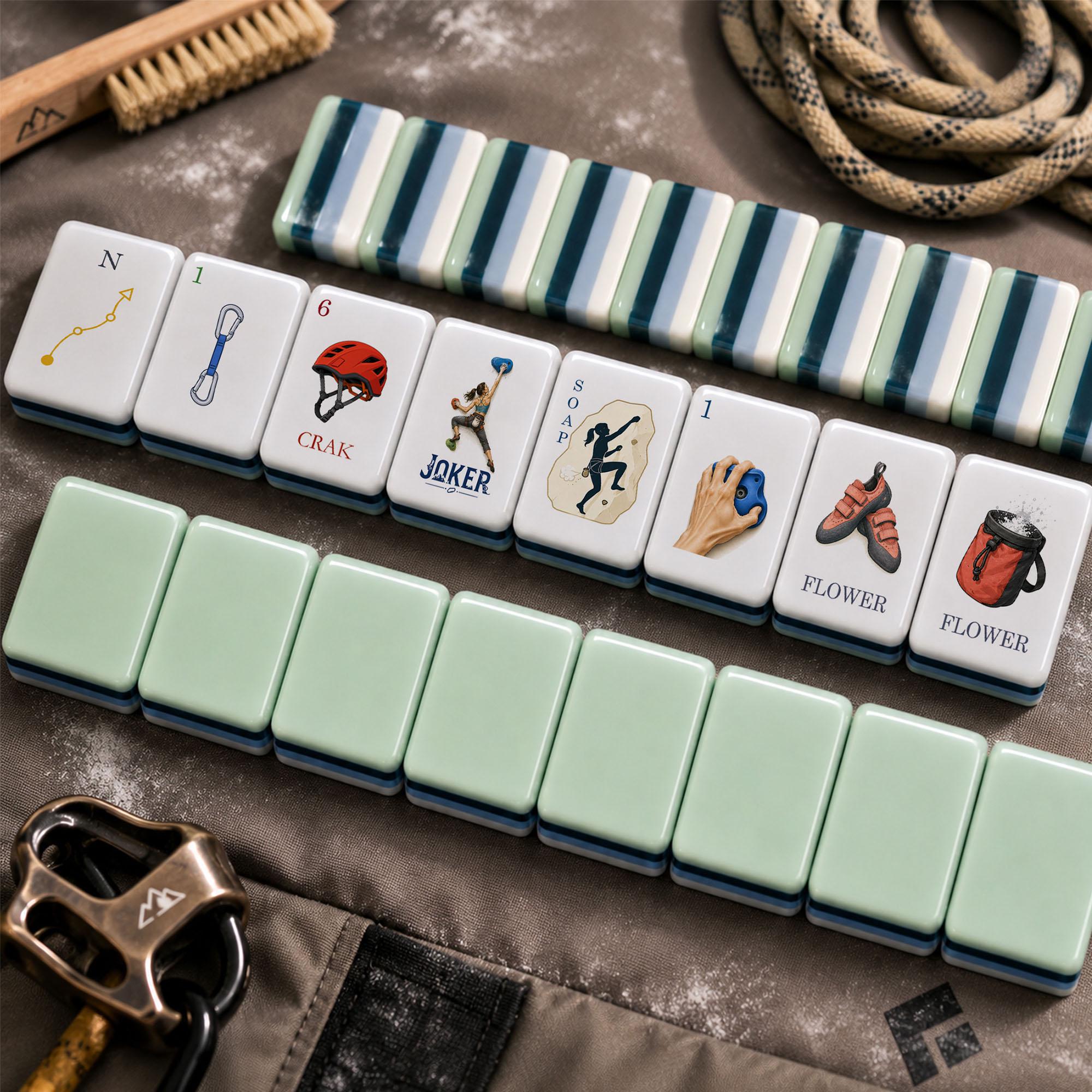 Rock Climbing Adventure American Mahjong Tiles with carabiner helmet hold chalk bag and mint backs