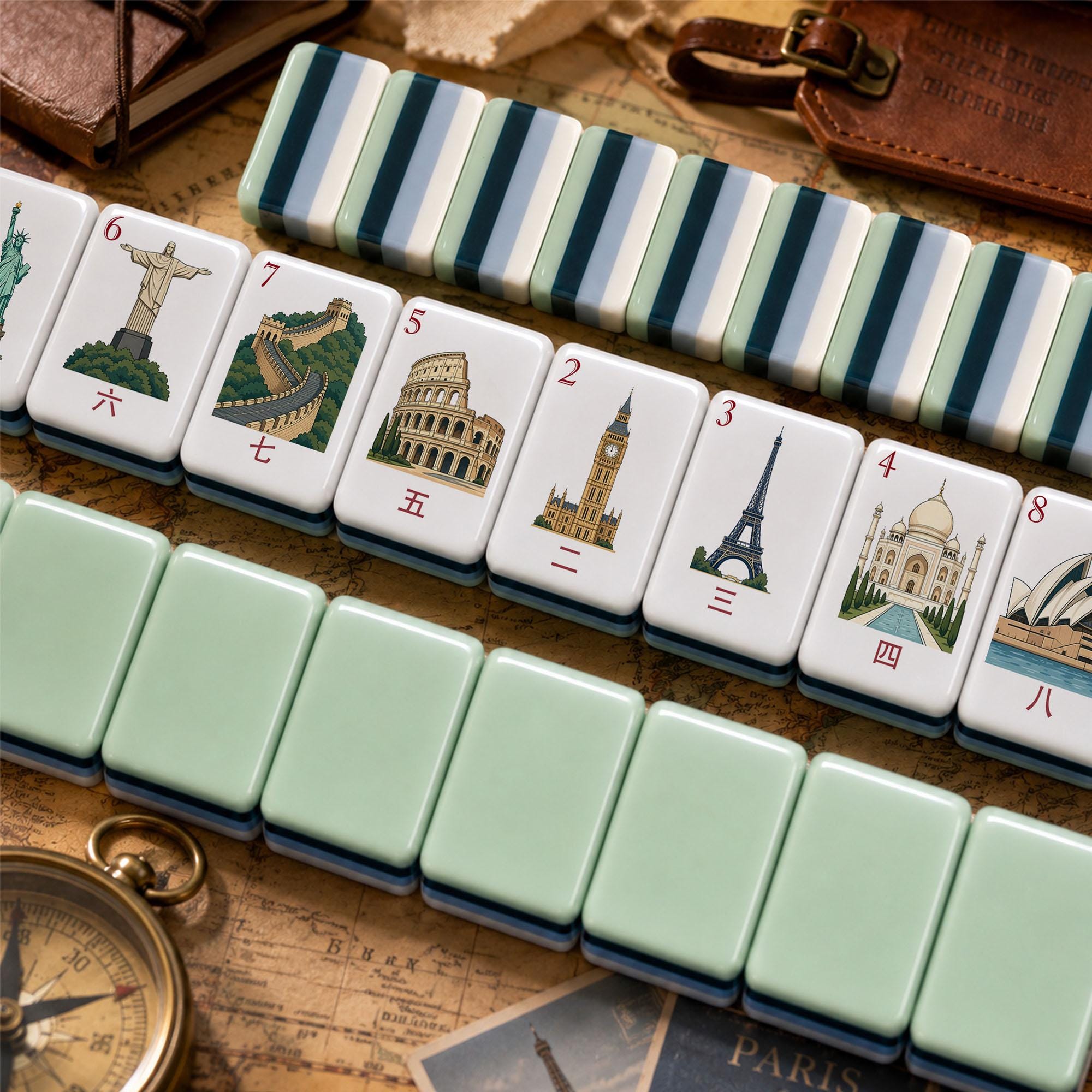 World Landmarks Travel American Mahjong Tiles with Eiffel Tower Colosseum Taj Mahal and mint backs